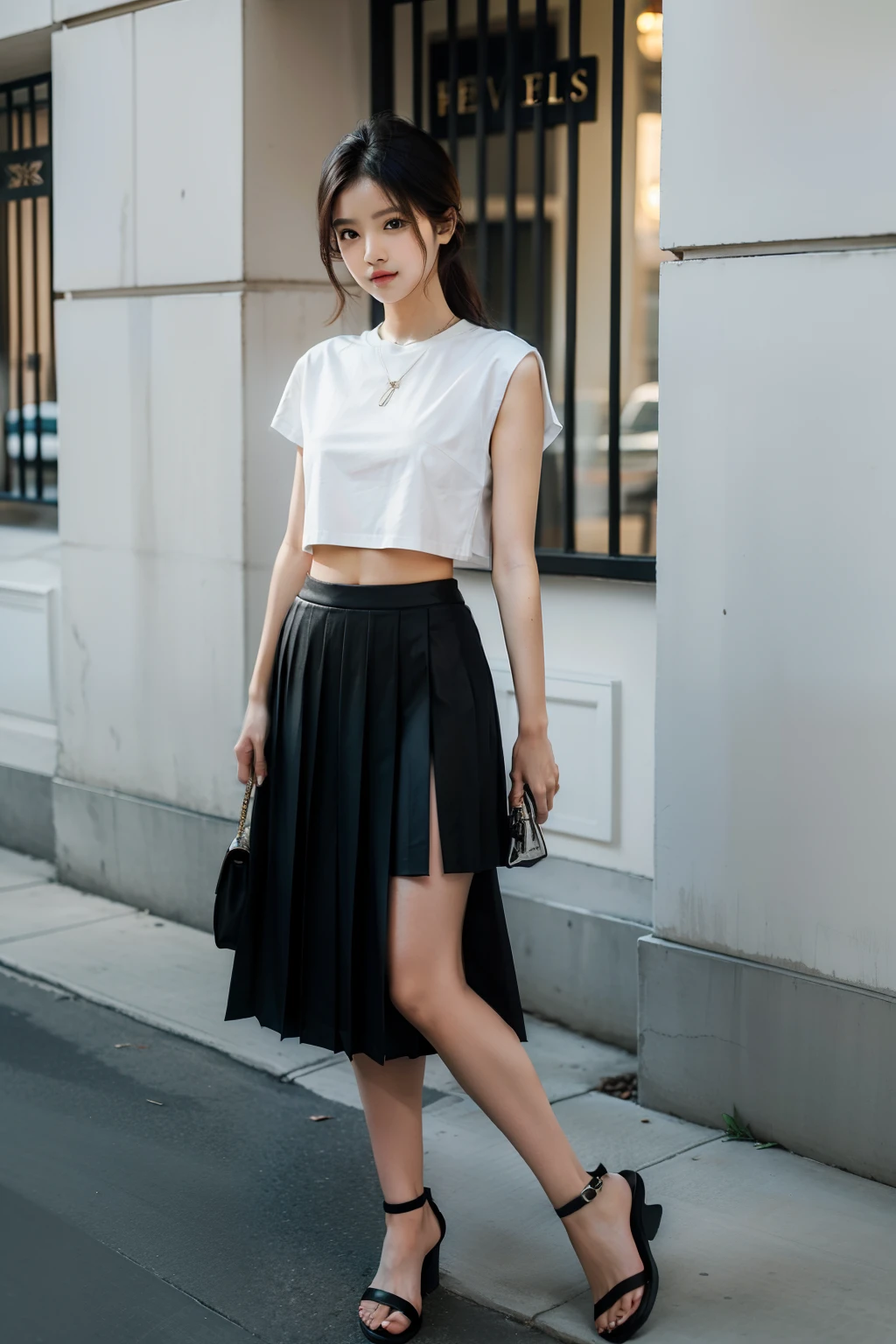 A beauty wearing a white crop top T-shirt and a black pleated skirt with sandals