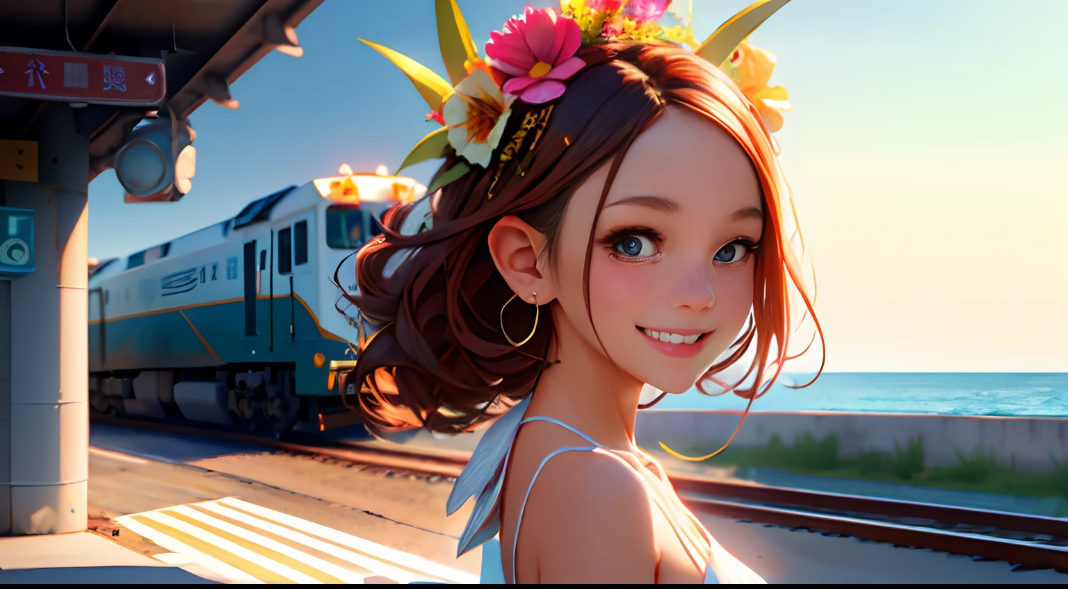 Octane Render、(Hyper-detailing: 1.15)、(Soft light、sharp: 1.2)、up of face、morning、Girl walking on a road parallel to the railroad tracks、Vigorous、You can see the sea in the background, I see the train、（ hair adornments、Floral hair ornament）, Anatomically correct、A smile, radiant light、up of face