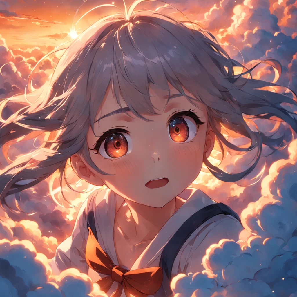 masterpiece, best quality, movie still, 1girl, cloud girl, floating in the sky, close-up, bright, happy, warm soft lighting, sunset, (sparks:0.7)