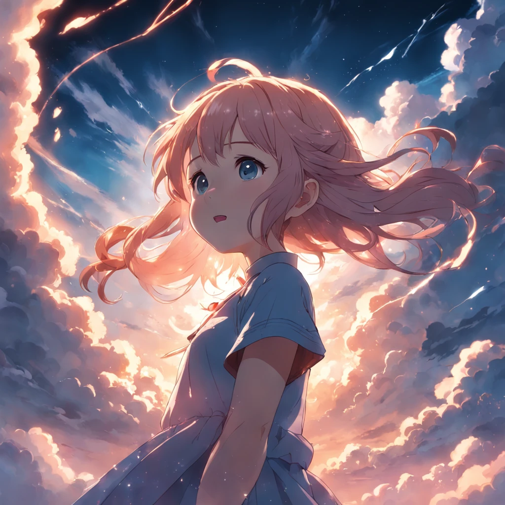 masterpiece, best quality, movie still, 1girl, cloud girl, floating in the sky, close-up, bright, happy, warm soft lighting, sunset, (sparks:0.7)