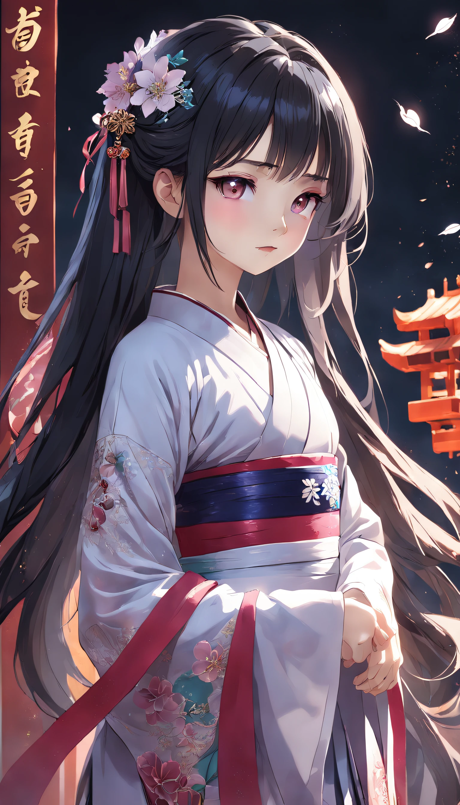 (Little girl:1.5),Lace,ribbon,Hanfu,(Masterpiece, side-lighting, Beautiful gray eyes with fine and detailed details: 1.2), Masterpiece, Realistic, Glowing eyes,Shiny hair,Black hair,long whitr hair, Glossy glossy skin, Solo, embarressed,No shoulder strap,Exquisite,prettify,sonoko,Flowers,flying petal,