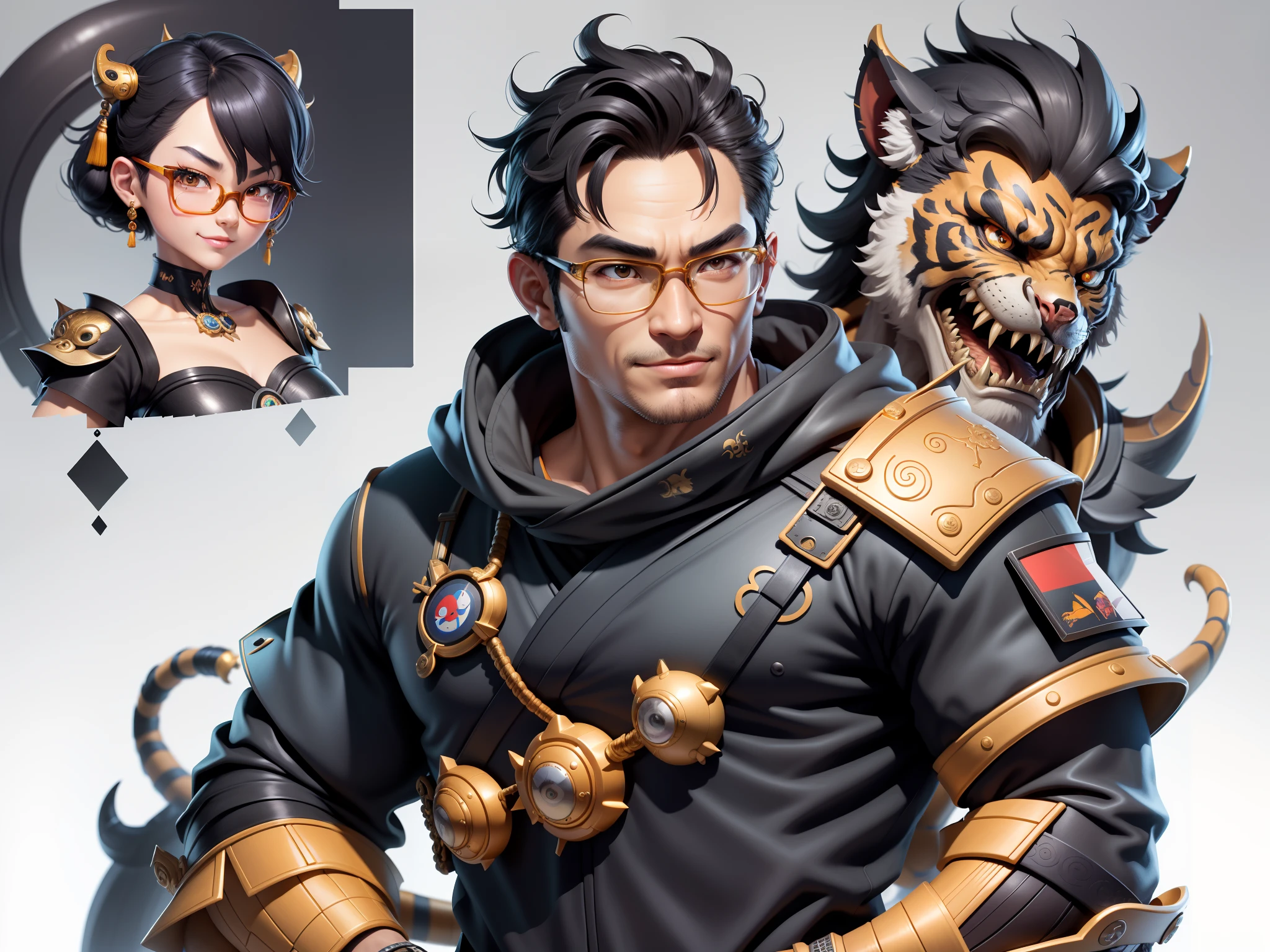 (Masterpiece), (Excellent), (Super Meticulous), (Full Body: 1.2), Super Young Man with Japanese Female Geisha, Pretty, Beautiful, Chinese Dragon, Tiger, Wind God Thor, Sexy, Bursting, Oriental Face, TV Anchor, Bust Portrait Illustration, Black Suit, Blue Tie, Slightly Chubby Face, Silver Glasses, Very Clean Face, No Beard on Chin, Black Super Short Hair, Black Eyes, Confident Smile, 3c Computer Sub-Products, iPad, iPhone, Digital Painting, 3D character design by Mark Clairedon and Pixar and Hayao Miyazaki and Akira Toriyama, the illustrations are HD illustrations in 4K resolution with highly detailed facial features and cartoon-style visuals.