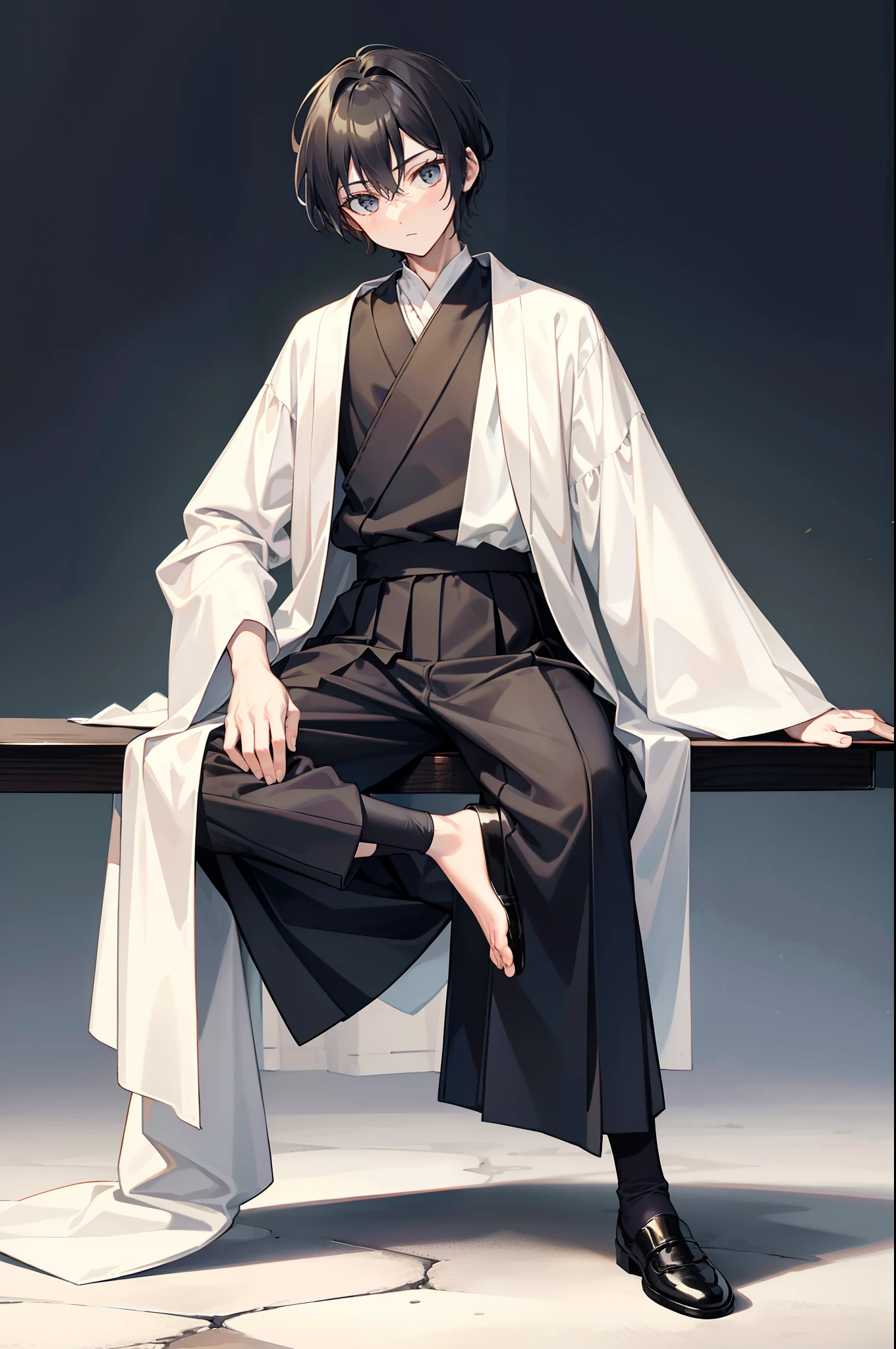 Antique full body 1 man sitting cross-legged on the table and holding a stone white blouse, bathrobe, loose pleated trousers, white antique wide sleeves, black loose pleated trousers, black cloth shoes