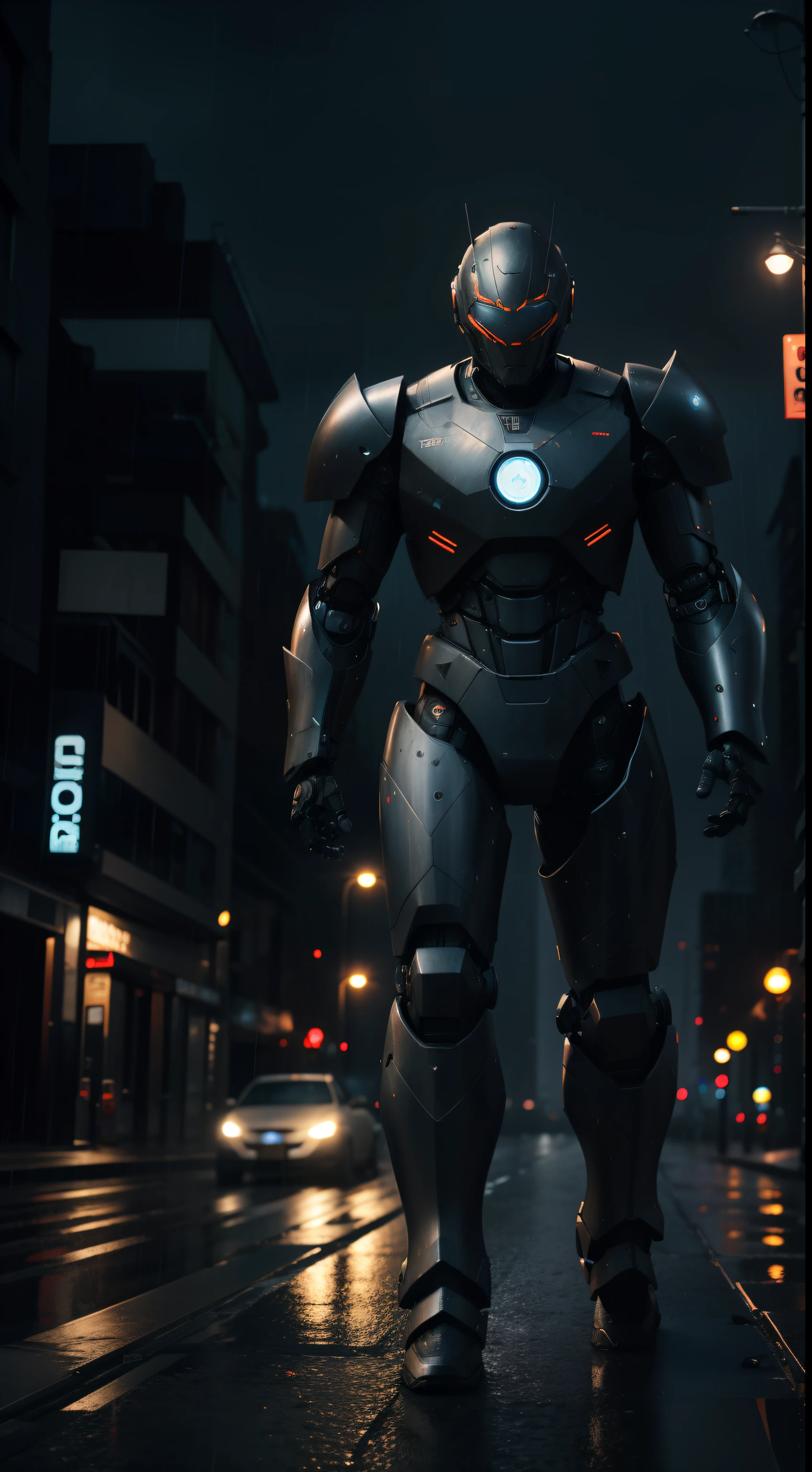 Battle roboto , full black Armor, realistic,, wide shot, wallpaper, full body, extreme wide shot, city , de saturated, dark tone, cinematic, night, rainy nights