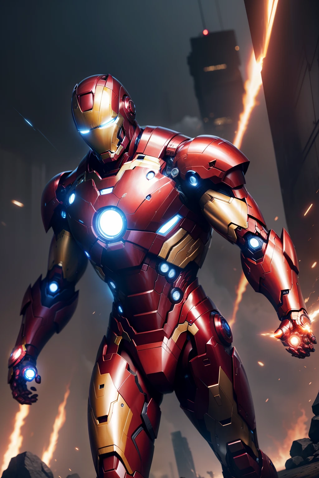 "Iron Man，The most realistic CG quality，Extreme detail，Heroes of the night，Shimmers with a metallic sheen，Hot action scenes，A symbol that blends technology and power，Brilliant energy glow，Mecha flying by whistling，The interface for holographic projection，The final battle before dawn。"