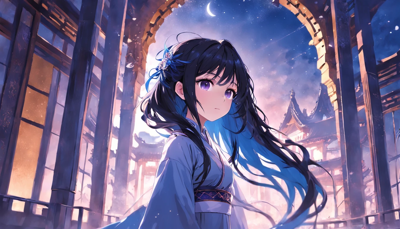 white architecture,borgar,Blue-violet tones,dream magical,As estrelas,Western,A majestic,Buildings,temple,group of buildings,viaduct,Girl with long black hair,curlies,Face the lens,Hanfu,Pink eyes,Cute and dreamy,West Phantom Wind,China-style