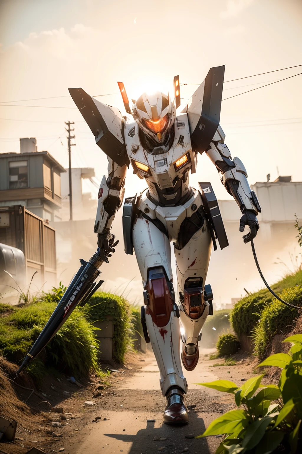 Look up at the perspective，（Digital artwork：1.3）（a sketch：1.1）Octane renders a wasteland，Swirling thick clouds，smog，Flying machines in the sky fierce battle，weed，Dilapidated houses，gravel path，Sunset，dark red color，（（A girl in a combat uniform stood in front of the badly damaged and broken mech）），（（The girl's long messy hair fluttered，Blood，closeup cleavage）），（Stubborn），（Steadfast），（blood stains at the corners of the mouth），（Messy long hair flying），（（（The mech was spattered with blood））），（Mars splashes），（（Broken upper body mech，Dropped mech fragments）），（Exposed wires），（（Mecha is depicted finely）），（（（super-fine））），shot at 8k resolution，petrol liquid，Firelight，Missiles streaked across the sky，weeds，gravel path，blasts，splashart，（（Dynamic speed lines：1.2）），Lithography in intricate details，dongh（Light particles：1.2），（game concept：1.3），（depth of fields:1.3),Global illumination,detail-rich，Trends on ArtStation，Epic shooting，Cinematic lighting