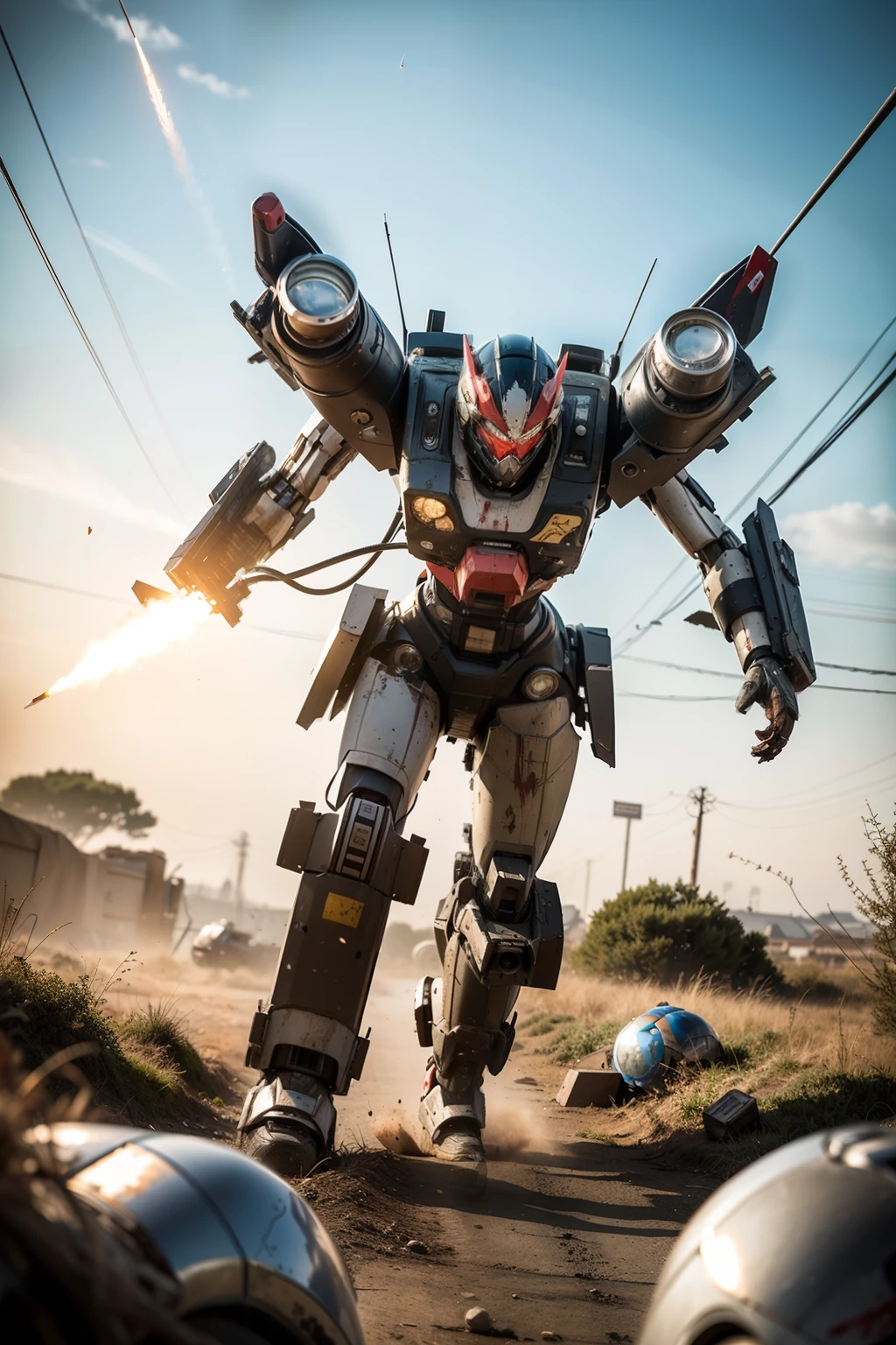 Look up at the perspective，（Digital artwork：1.3）（a sketch：1.1）Octane renders a wasteland，Swirling thick clouds，smog，Flying machines in the sky fierce battle，weed，Dilapidated houses，gravel path，Sunset，dark red color，（（A girl in a combat uniform stood in front of the badly damaged and broken mech）），（（The girl's long messy hair fluttered，Blood，closeup cleavage）），（Stubborn），（Steadfast），（blood stains at the corners of the mouth），（Messy long hair flying），（（（The mech was spattered with blood））），（Mars splashes），（（Broken upper body mech，Dropped mech fragments）），（Exposed wires），（（Mecha is depicted finely）），（（（super-fine））），shot at 8k resolution，petrol liquid，Firelight，Missiles streaked across the sky，weeds，gravel path，blasts，splashart，（（Dynamic speed lines：1.2）），Lithography in intricate details，dongh（Light particles：1.2），（game concept：1.3），（depth of fields:1.3),Global illumination,detail-rich，Trends on ArtStation，Epic shooting，Cinematic lighting