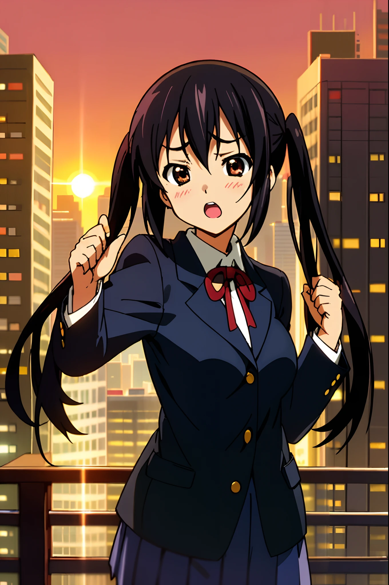 1girl, (((masterpiece))), highest quality, best quality, high detail, nakano azusa, 1girl, sakuragaoka high school uniform, school uniform, twintails, long hair, black hair, brown eyes, solo, red , a navy blue blazer with red narrow ribbon, a solid white buttoned shirt under the blazer, illustration, cartoon, soothing tones, calm colors, soft cinematic light, adobe lightroom, photolab, hdr, intricate, highly detailed, ((((depth of field)))). (((takeout))).dynamic focus.big breasts.(((Skyscrapers))).(((A city scape))).(((Face of sadness))). open mouth.(((fighting stance))).(((up chest))).((evening glow)).((the setting sun)).