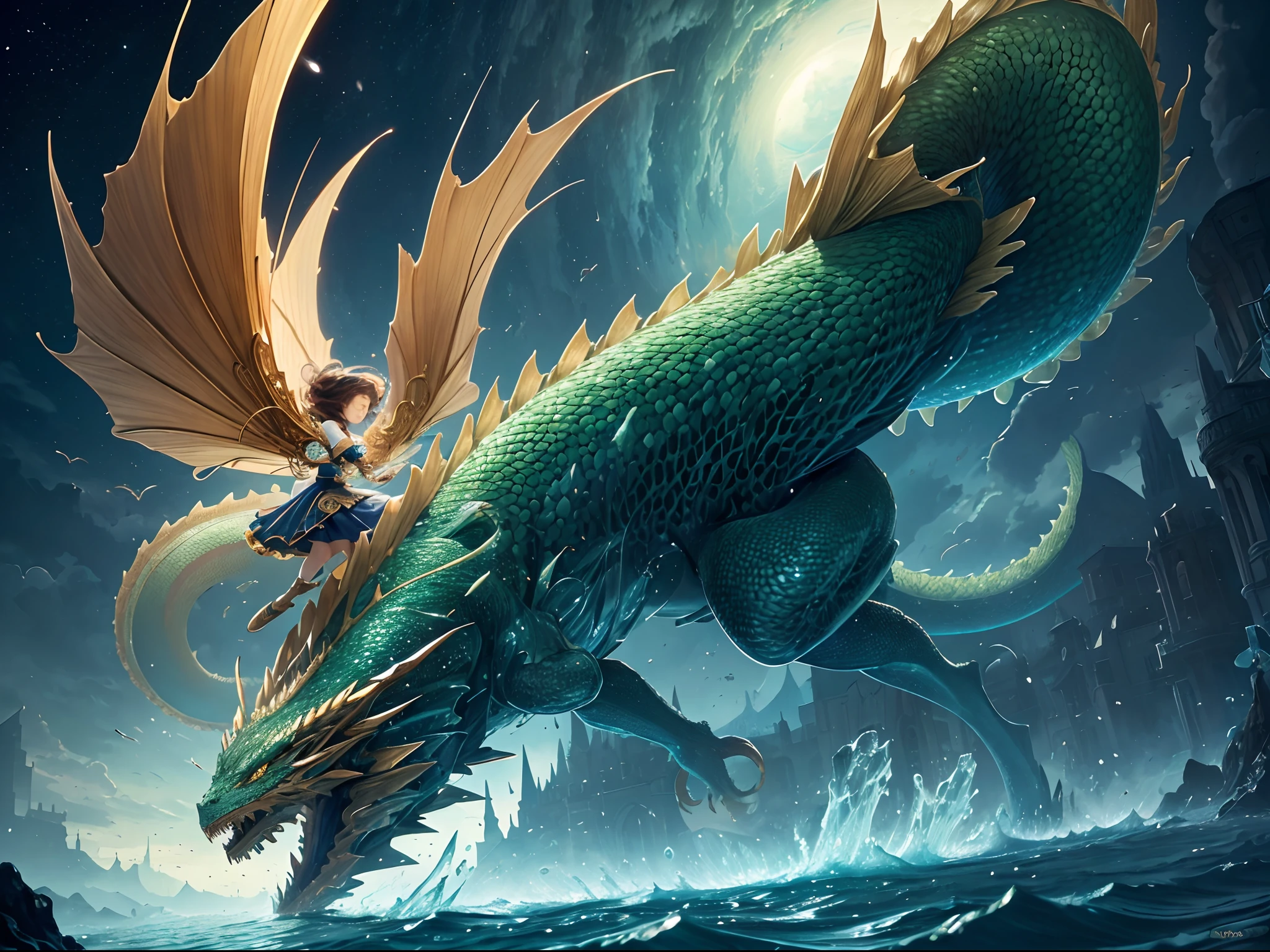 (Masterpiece, Top Quality, Best Quality, Ultimate Detail, Highest Detail, Official Art, Beauty & Aesthetics: 1.2), Golden Ratio, Full Composition, official art, Unity 8k wallpaper, super detailed, beautiful, (fractal art: 1.4), the school girl is riding on the green dragon, flying over the town, full body, crystallineAI, from below, splash