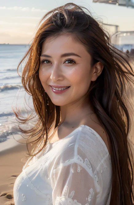 (tmasterpiece:1.3), (8k, photoreallistic, photographie RAW, Top image quality: 1.4), full body, naked feet, Quitter la mer et marcher sur la plage, Polynesian woman, corps entier, (realistic face), (Un brun, wet long hair:1.3), (wavy hair), belle coiffure, realistic eyes, (Une vraie peau), belle peau, affriolant, A high resolution, A hyper-realistic, High Details, The golden ratio, Face detail, Voir le spectateur, un sourire, chemise blanche ouverte, jupe longue et fendue, Colossal, clivage du sein, est debout, look at viewers