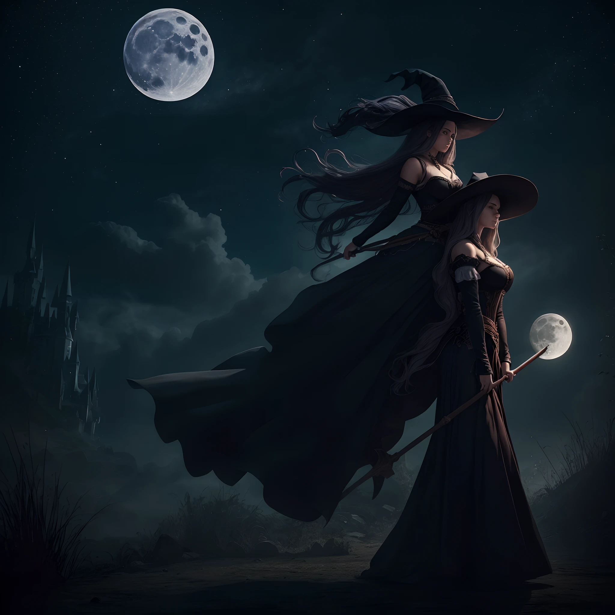 photo of a witch riding on a magic broom, with the moon in the background, wearing long dress and tricorne, huge breasts, huge hip, small waist, in dark night, moon lighting, Cinematic shadows and detail brilliance, (smooth hair, detailed hair, very fine hair) --auto