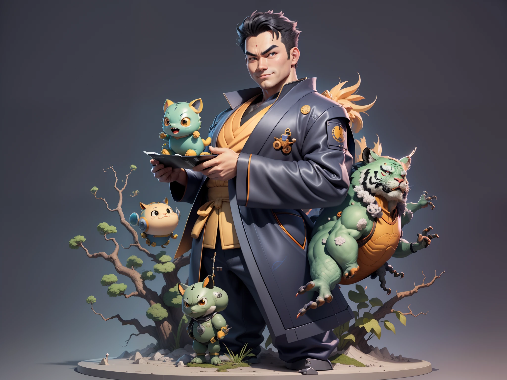 (Masterpiece), (Excellent), (Super Meticulous), (Full Body: 1.2), Super Young Man, Oriental Face, Japanese Kimono, Japanese Wind Thunder God, Dragon, Tiger, TV Anchor, Bust Portrait Illustration, Alone, Black Suit, Blue Tie, Slightly Chubby Face, Very Clean Face, No Beard, Black Super Short Hair, Black Eyes, Confident Smile, 3c Computer Sub-Products, iPad, iPhone, Digital Painting, 3D Character Design by Akira Toriyama and Mark Claireden and Pixar and Hayao Miyazaki, The illustration is a high-definition illustration in 4K resolution with very detailed facial features and cartoon-style visuals.