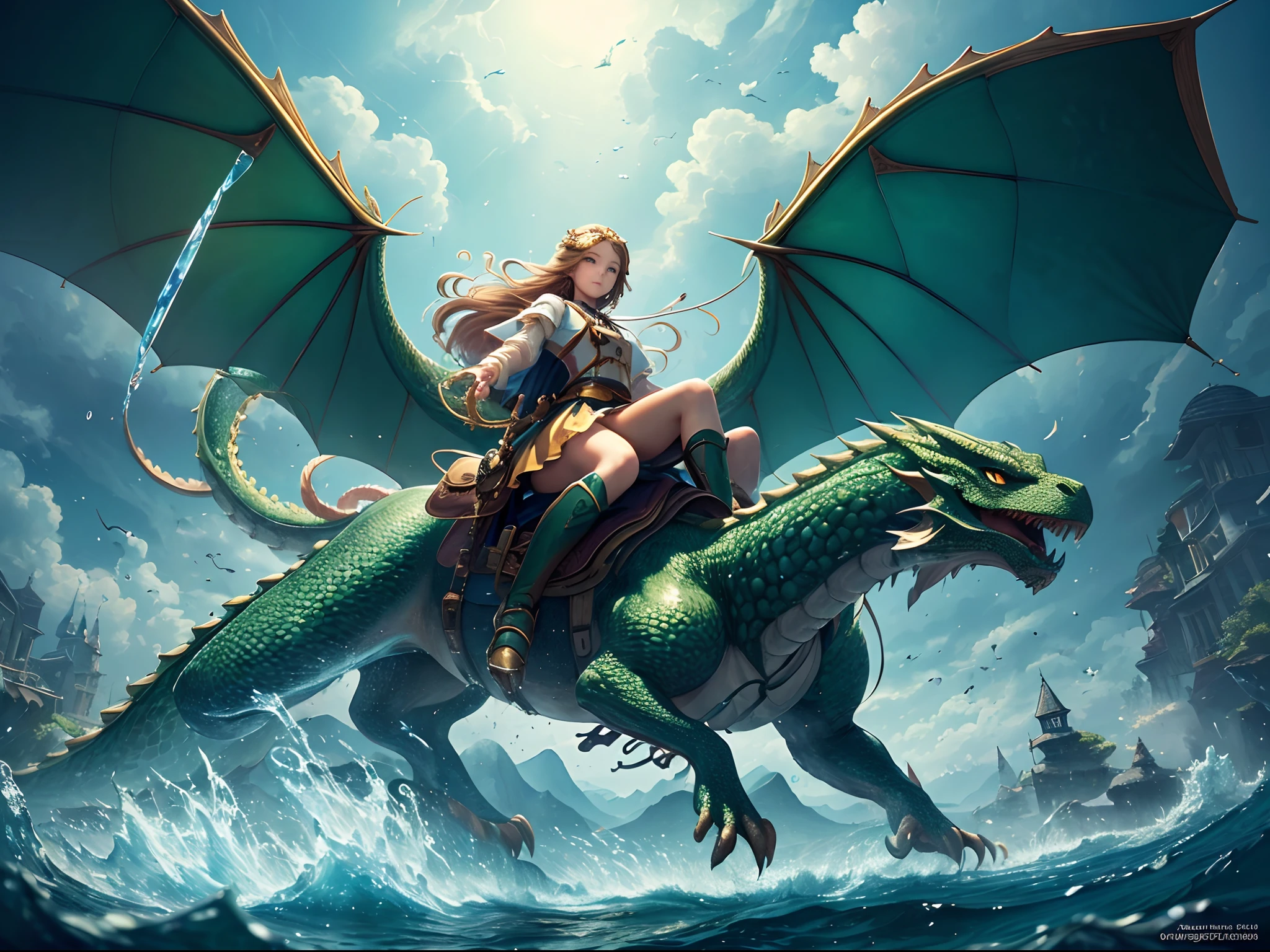 (Masterpiece, Top Quality, Best Quality, Ultimate Detail, Highest Detail, Official Art, Beauty & Aesthetics: 1.2), Golden Ratio, Full Composition, official art, Unity 8k wallpaper, super detailed, beautiful, (fractal art: 1.4), the school girl is riding on the green dragon, flying over the town, full body, crystallineAI, from below, splash