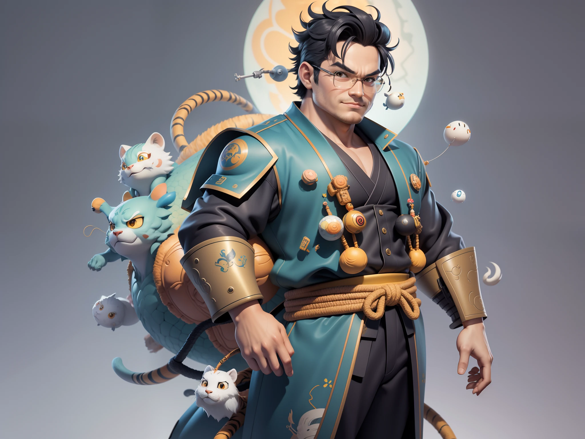(Masterpiece), (Excellent), (Super Meticulous), (Full Body: 1.2), Super Young Man, Oriental Face, Japanese Kimono, Japanese Wind Thunder God, Dragon, Tiger, TV Anchor, Bust Portrait Illustration, Alone, Black Suit, Blue Tie, Slightly Chubby Face, Very Clean Face, No Beard, Black Super Short Hair, Black Eyes, Confident Smile, 3c Computer Sub-Products, iPad, iPhone, Digital Painting, 3D Character Design by Akira Toriyama and Mark Claireden and Pixar and Hayao Miyazaki, The illustration is a high-definition illustration in 4K resolution with very detailed facial features and cartoon-style visuals.