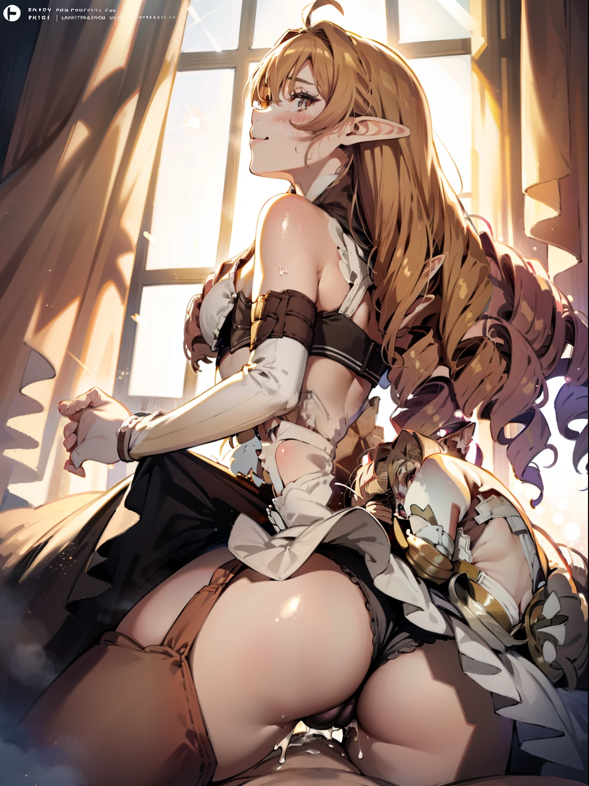 masterpiece, best quality, ultra-detailed, illustration, kawaii, detailed light, happy, smile, blush, Highlights hair, hair, beautiful detailed body, detailed sparkling eyes, 1girl, looking back, showing skin, buttocks, bare thighs, perfect limbs, underwear, on the kitchen , full view of buttocks, showing buttocks, in heat,, legs open, show Vaginal rupture, top view, girl on the bottom, looking up, pressing her ass against the black pants.