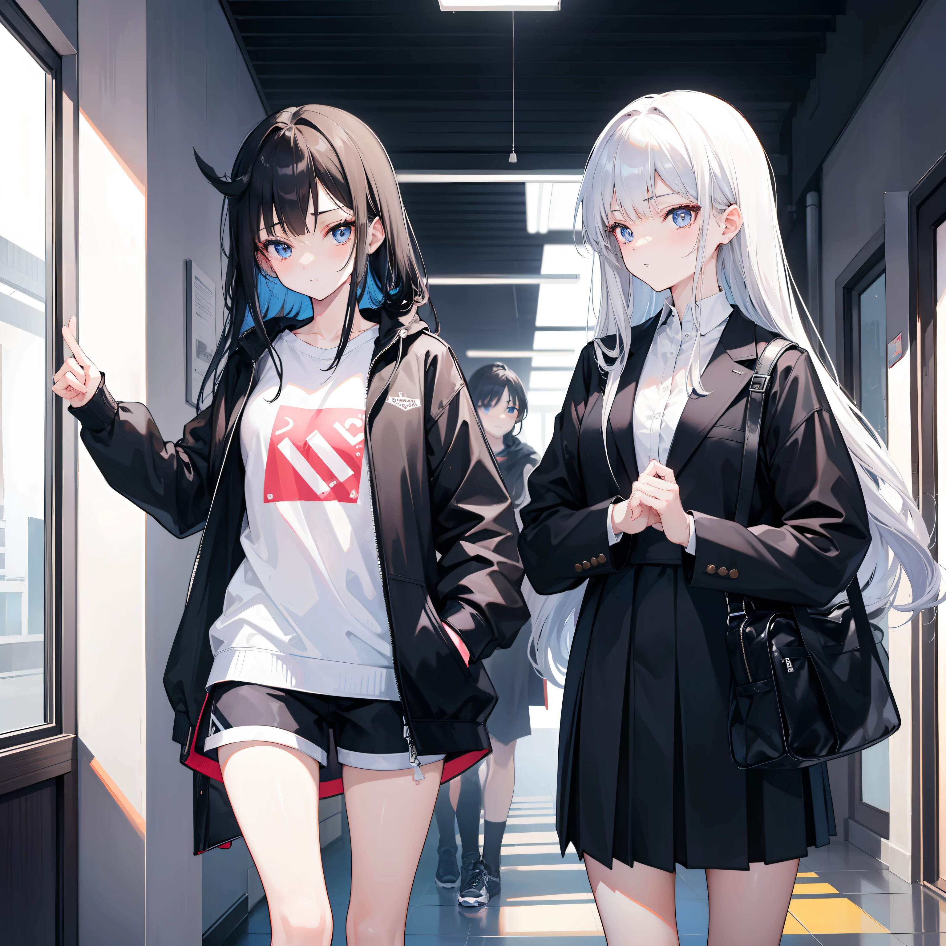 Generate a detailed and vivid image featuring two contrasting college girls named Yori and Aina. Yori embodies a confident and sassy attitude, captured with her vibrant presence. Aina, in contrast, emanates an aura of reserve. Yori's distinctive charm includes her striking long black hair, while Aina's beauty is accentuated by her elegant long silver hair. Both girls exhibit unique yet equally captivating features, dressed in classic white shirts and black ties, symbolizing their shared academic environment. Yori's attire includes trendy shorts and a leather jacket, complemented by stylish sneakers. In contrast, Aina wears trousers and a black coat, reflecting her more composed demeanor. The scene unfolds in a bustling college hall, where both girls stand holding their college bags, visually contrasting their personalities. Their individual attractiveness shines through, with Yori's playful and mischievous expressions standing out against Aina's slightly uneasy demeanor. Yori's expressive blue eyes mirror her extroverted nature, while Aina's adorable brown eyes convey her introverted tendencies. The two stand facing each other, creating a visual representation of their opposing yet compelling personalities.