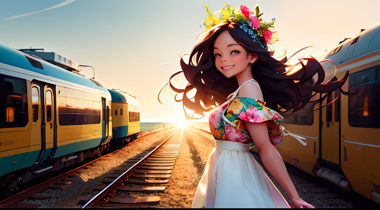 Octane Render、(Hyper-detailing: 1.15)、(Soft light、sharp: 1.2)、up of face、morning、Girl walking on a road parallel to the railroad tracks、Vigorous、You can see the sea in the background, I see the train、( hair adornments、Floral hair ornament), Anatomically correct、A smile, radiant light、up of face