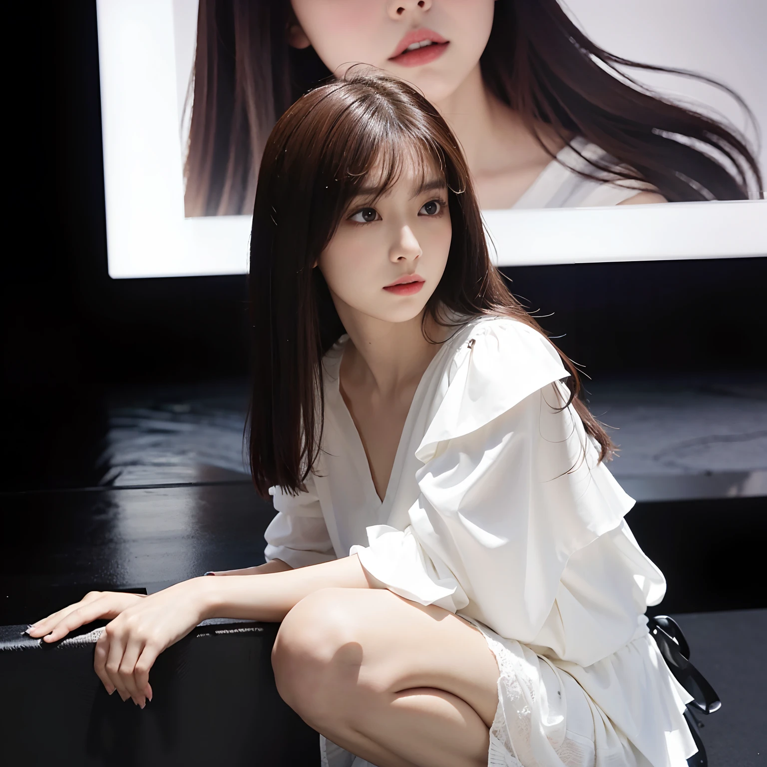 Highest image quality、Masterpiece level、Fidelity 1.4，photo shot，A girl appears[（grieves）]， a asian beauty， Korea， Super beautiful， Beautiful skins， Slim， body facing front， （Ultra photo realsisim）， （A high resolution）， （8K），, ssmile,short detailed hair，Black shawl straight hair，46-point oblique bangs，high definition detail、Hyper-detailing、Cinematic light、ultra-realistic realism、Soft light、Deep field focus bokeh、with short black hair，White skin，famousartwork，face perfect，beauitful face，beautidful eyes，（（Perfect female body）），In a white blouse shirt，The shirt,pleatedskirt,In a white blouse shirt，The scene is dark、darkly，Present despair、pitying、Feeling of pity，squatting on the ground。Just like in the movies，With tears in my eyes，There are tears on the face。There were tears on the clothes（Weight 1.5），drenched clothes（Weight 1.4）and bare shoulders。It's really raining，Hair is soaked。