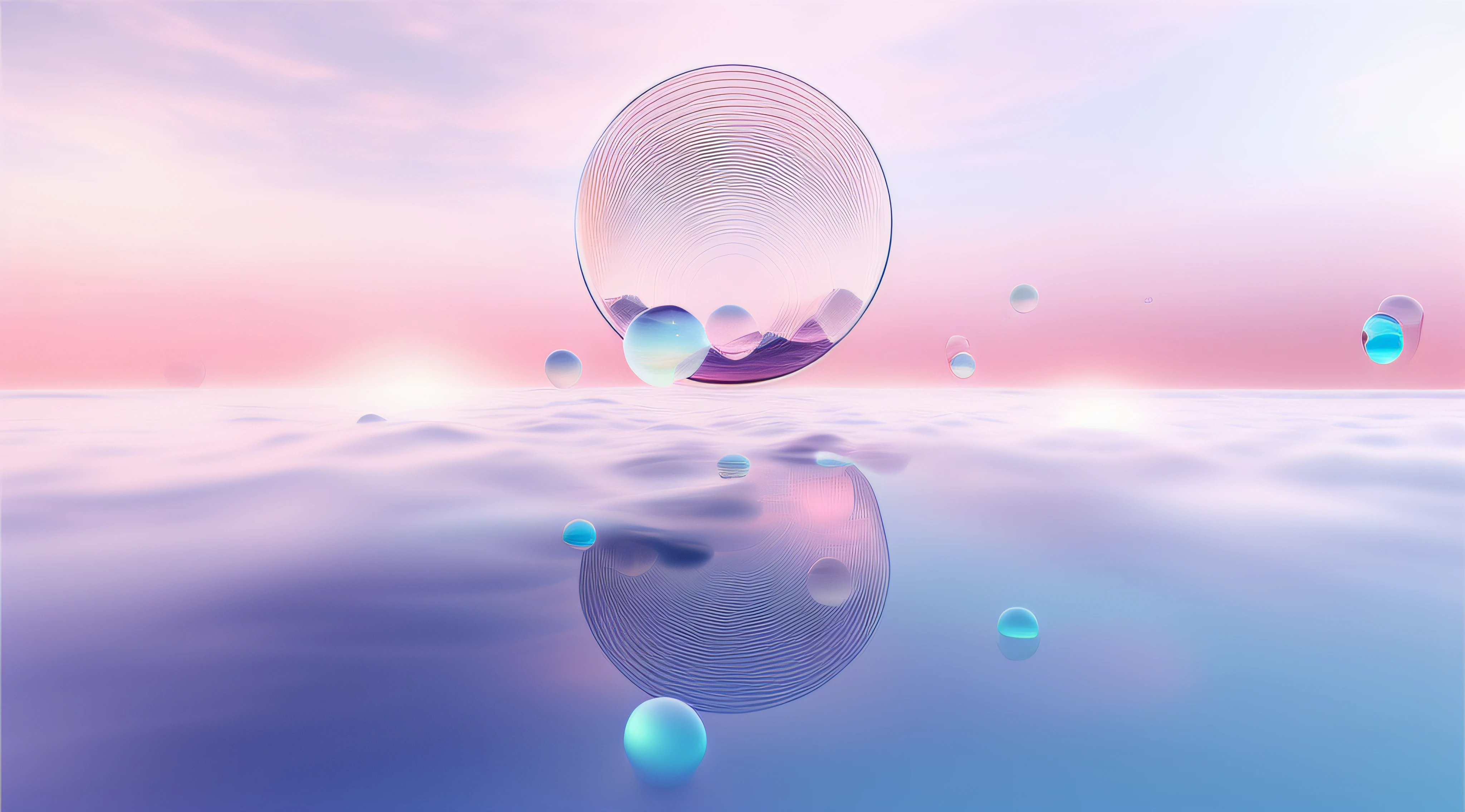 There are many bubbles floating in the water,pink skies, floating spheres and shapes, surreal 3 d render, Surreal background, blurry and dreamy illustration, colorful flat surreal ethereal, recusion beeple, pastel overflow, vaporwave surreal ocean, style hybrid mix of beeple, soft 3d render, surreal colors, floating planets, beeple colors