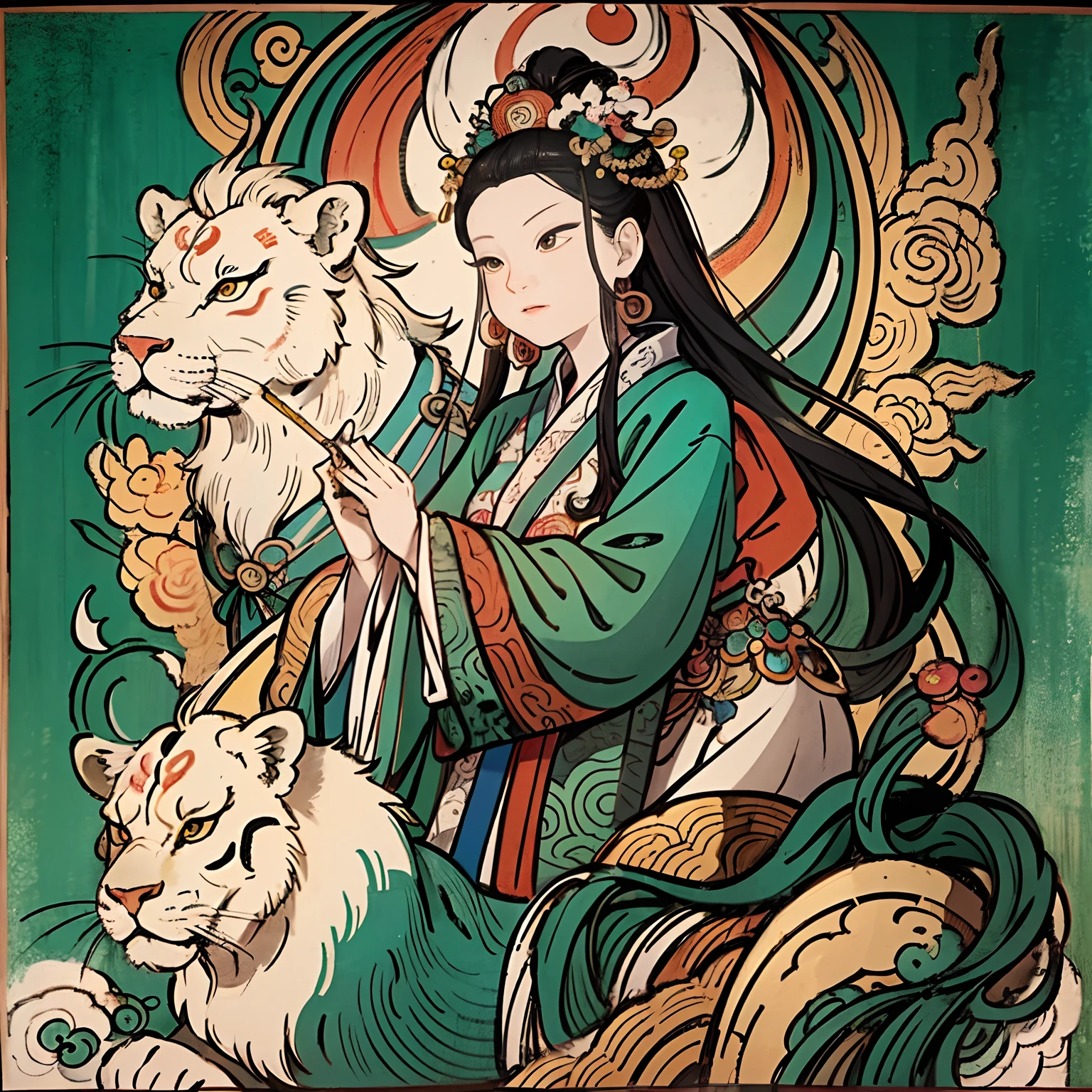 an ancient Chinese goddess, guanyin of the southern seas, Guanyin, Inspired by India, Avalokiteshvara rides a lion,,Serene expression,shui mo hua,Buddha,Buddhist,Lotus,Chinese painting style,Thangka style