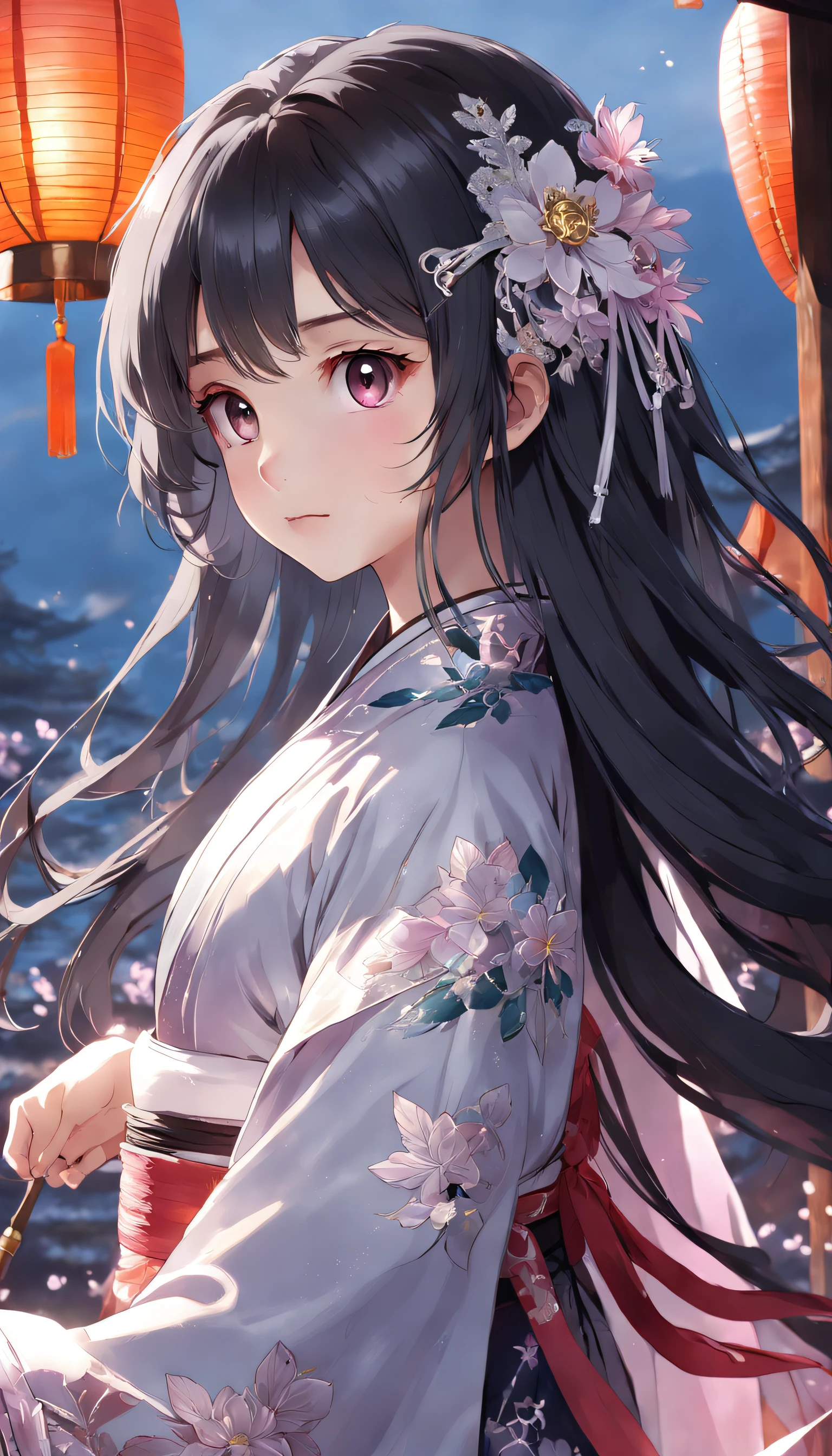 (:1.5),Lace,ribbon,Hanfu,(Masterpiece, side-lighting, Beautiful gray eyes,The details are meticulous: 1.2), Masterpiece, Realistic, Glowing eyes,Shiny hair,Black hair,long whitr hair, Glossy glossy skin, Solo, embarressed,No shoulder strap,Exquisite,prettify,sonoko,Flowers,flying petal,