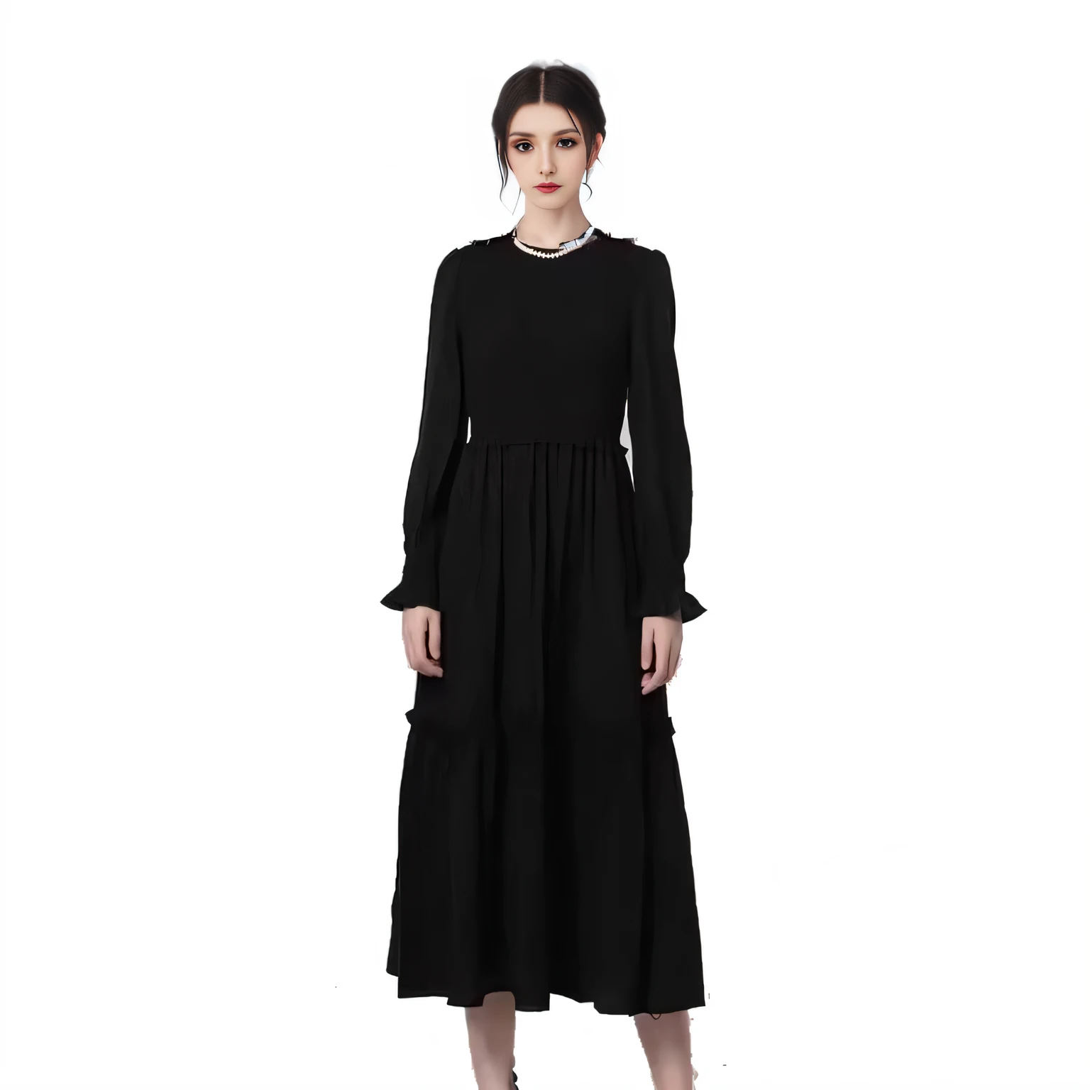 A woman in a black dress stands on white background, dark black long dress, black victorian dress, long dress with apron, full black dress, georgian dress, wearing a gothic dress, full - body - front - shot, Inspired by Modeste Urgell, dark astral dress, Gothic dress, full body wide shot, astral dress