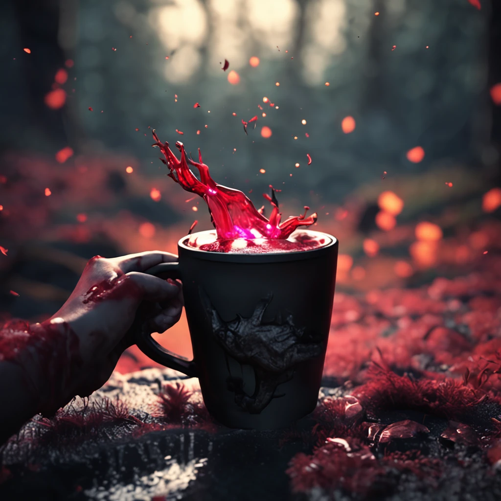 /imagine prompt: unreal engine, asian, close up, Evil hand holding a cup offering bloody water, in the forest at night