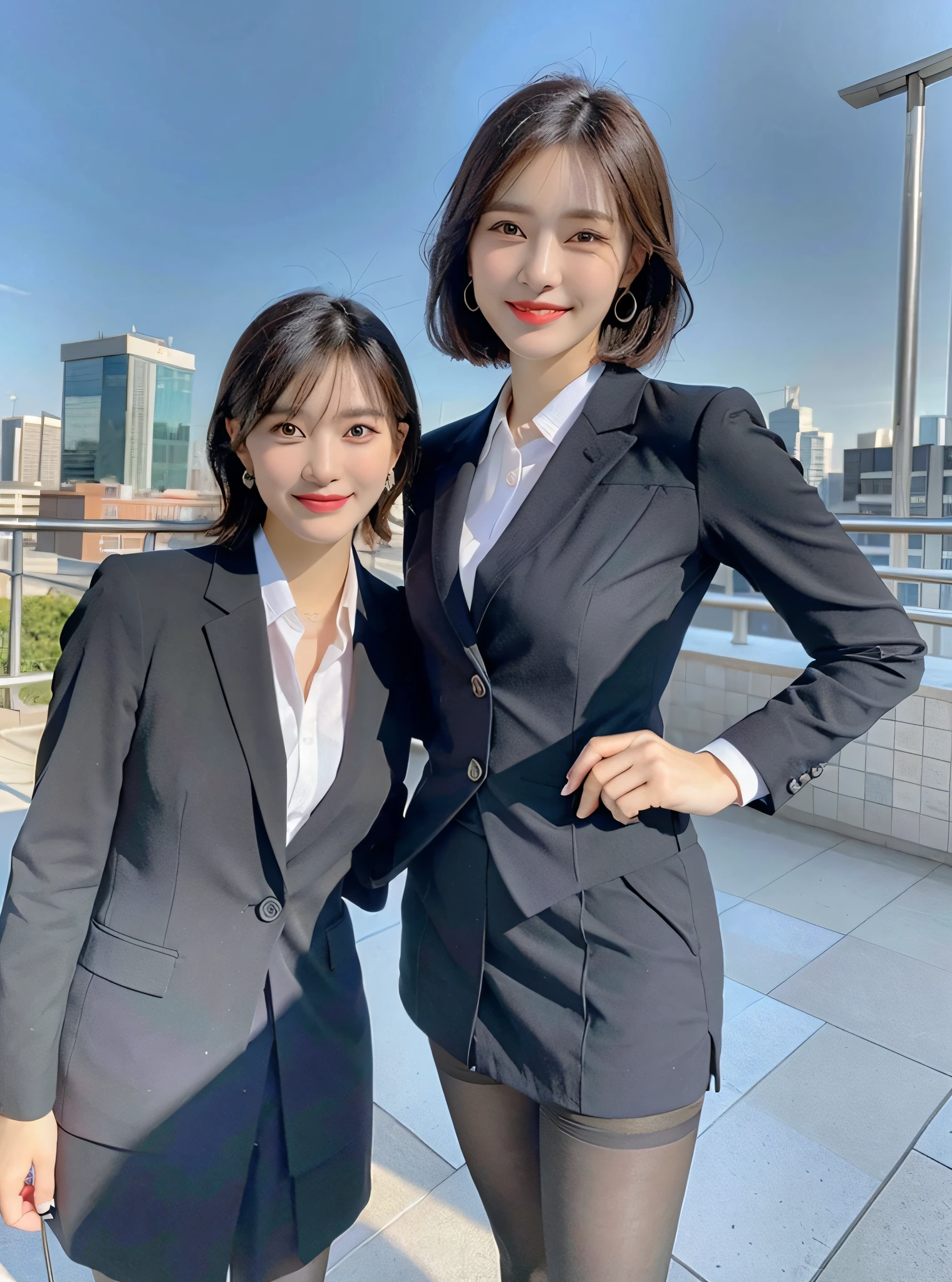 (8k, Best Quality, Masterpiece:1.2), (Realistic, Photorealistic:1.37), Ultra Detail, 1 Girl, Full Body, Outdoor, (Adjusted Hair:1.5) Office Lady, Black Office Blazer, Office Skirt, (pantyhose: 1.2), (short button-down shirt: 1.2), button-up collar prim, button-down collar prim, bra, (pantyhose: 1.2), alpha layer, high heels, beautiful earrings, cute, solo, beautiful detailed sky, (smile: 1.15), (closed mouth), small breasts, beautiful detailed eyes, business attire, (short hair: 1.2), floating hair NovaFrogStyle,