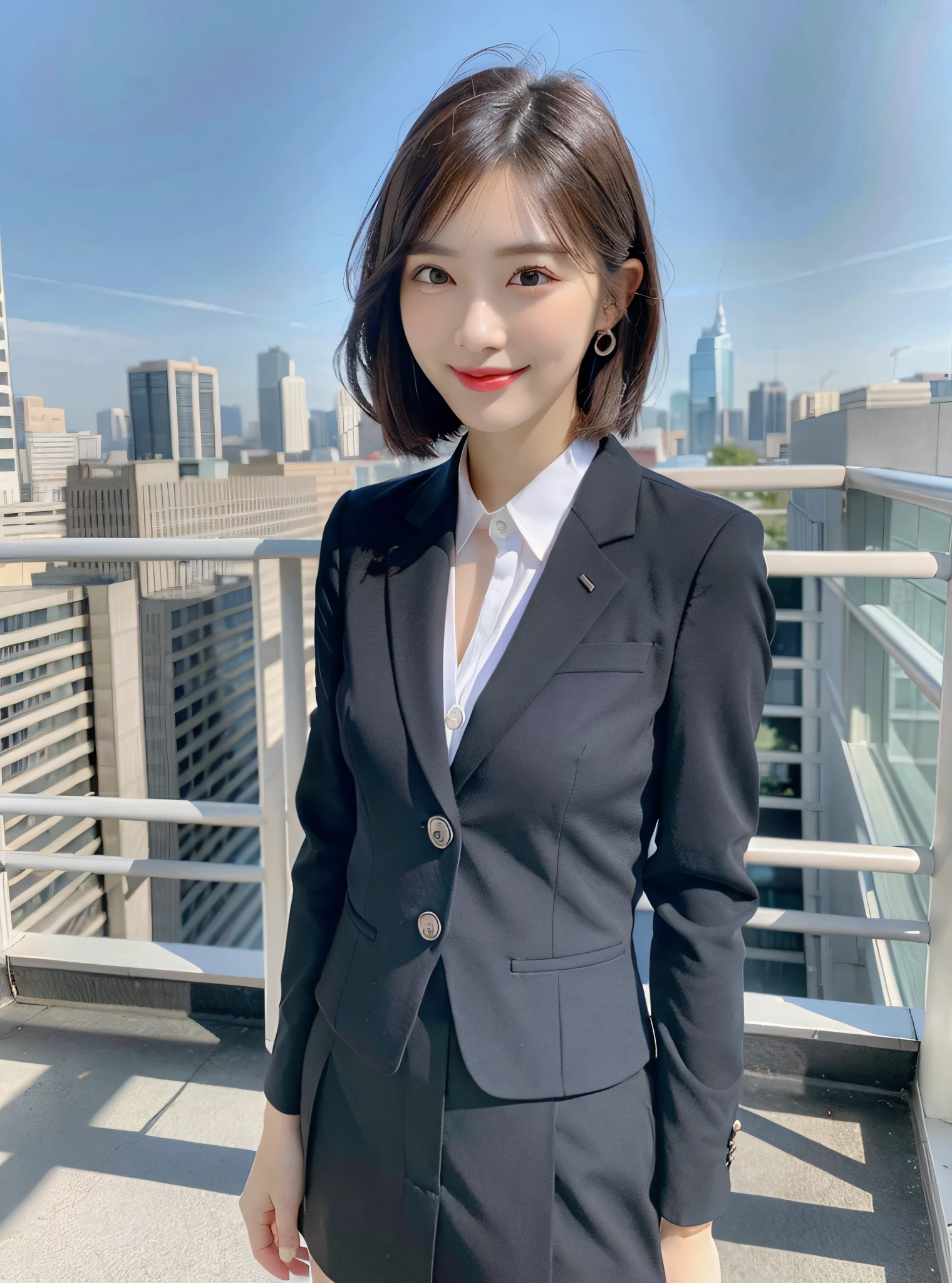 (8k, Best Quality, Masterpiece:1.2), (Realistic, Photorealistic:1.37), Ultra Detail, 1 Girl, Full Body, Outdoor, (Adjusted Hair:1.5) Office Lady, Black Office Blazer, Office Skirt, (pantyhose: 1.2), (short button-down shirt: 1.2), button-up collar prim, button-down collar prim, bra, (pantyhose: 1.2), alpha layer, high heels, beautiful earrings, cute, solo, beautiful detailed sky, (smile: 1.15), (closed mouth), small breasts, beautiful detailed eyes, business attire, (short hair: 1.2), floating hair NovaFrogStyle,