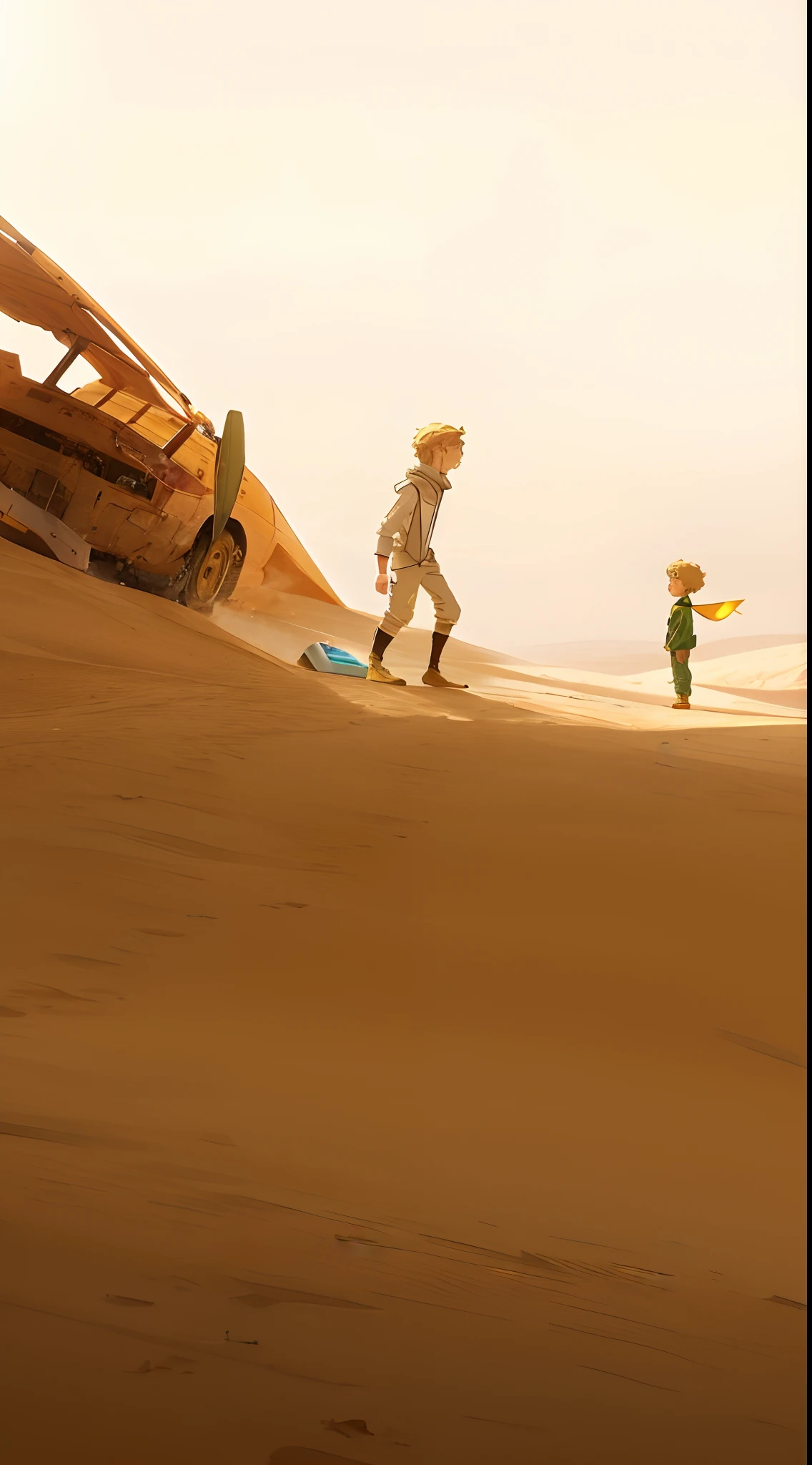 there is a man and a little blonde boy playing standing in sand desert, dune, absolutely outstanding image, atey ghailan and steve mccurry, the little prince, somewhere in sands of the desert, ilm of an epic sci-fi, key art, animated movie shot, disney star wars movies still, by disney, disney pixar weta, tatooine, professional photography, stones, crashed plane in background