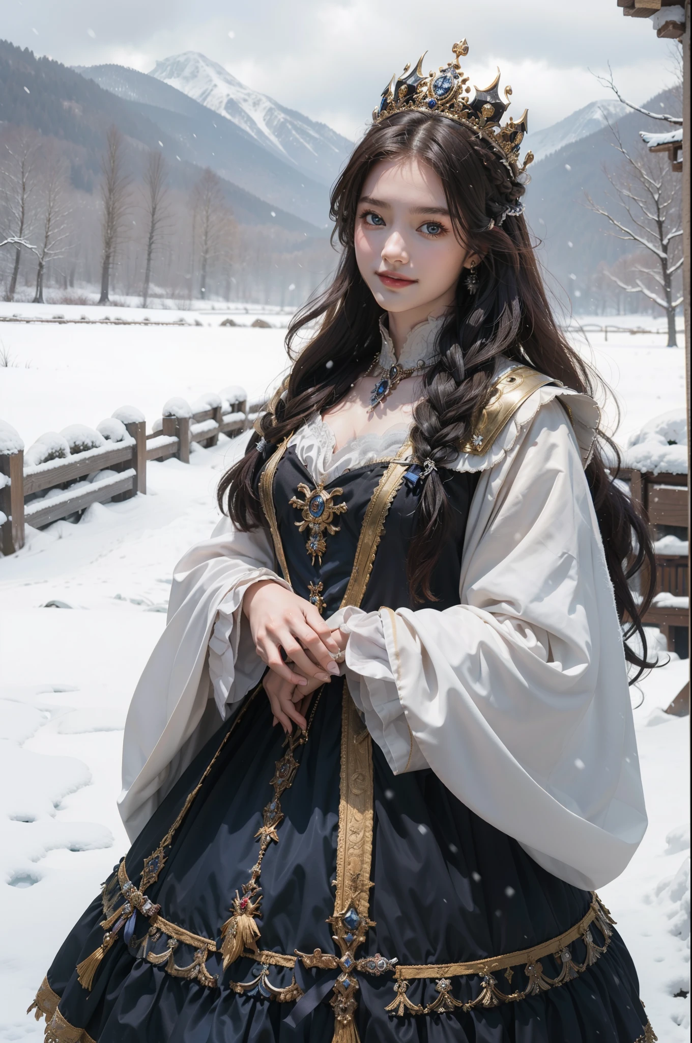 ((top-quality、​masterpiece、photographrealistic:1.4、8K))、Beautiful detailed girls and knights、extremely detailed eye and face、beatiful detailed eyes、Winters、Long hair in one braid、（Wearing a cloak on his head、Complex and elegant dress in the style of medieval Germany for winter、Princess、Knights wear medieval armor）、cloak、Luxury Accessories、Elegant smile、natta、（Princess wearing a cloak and walking in the forest in the snow、German-style castle in the background、There is a dragon flying in the sky）、Cinematic lighting、Textured skin、Super Detail、high detailing、High quality、hight resolution、（looking at the viewers）、It's snowing