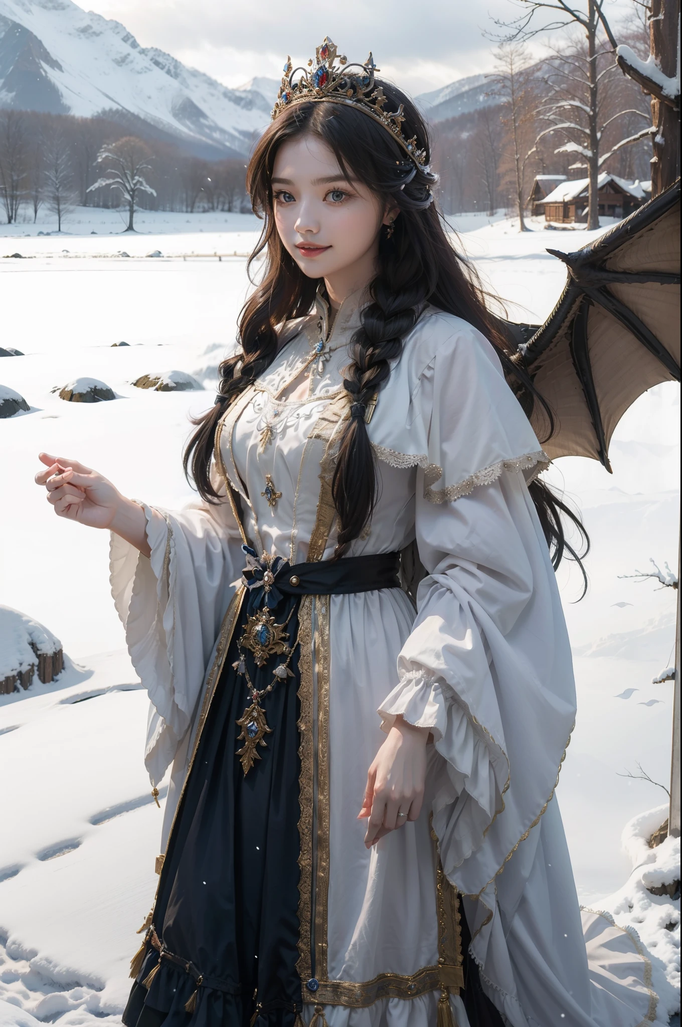 ((top-quality、​masterpiece、photographrealistic:1.4、8K))、Beautiful detailed girls and knights、extremely detailed eye and face、beatiful detailed eyes、Winters、Long hair in one braid、（Wearing a cloak on his head、Complex and elegant dress in the style of medieval Germany for winter、Princess、Knights wear medieval armor）、cloak、Luxury Accessories、Elegant smile、natta、（Princess wearing a cloak and walking in the forest in the snow、German-style castle in the background、There is a dragon flying in the sky）、Cinematic lighting、Textured skin、Super Detail、high detailing、High quality、hight resolution、（looking at the viewers）、It's snowing