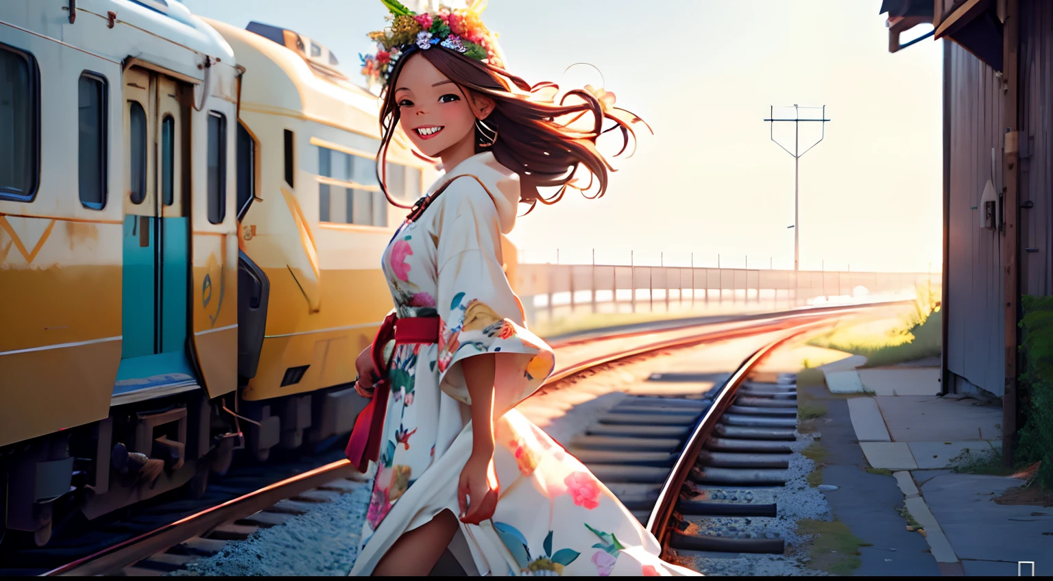 Octane Render、(Hyper-detailing: 1.15)、(Soft light、sharp: 1.2)、up of face、morning、Girl walking on a road parallel to the railroad tracks、Vigorous、You can see the sea in the background, I see the train、( hair adornments、Floral hair ornament), Anatomically correct、A smile, radiant light、up of face