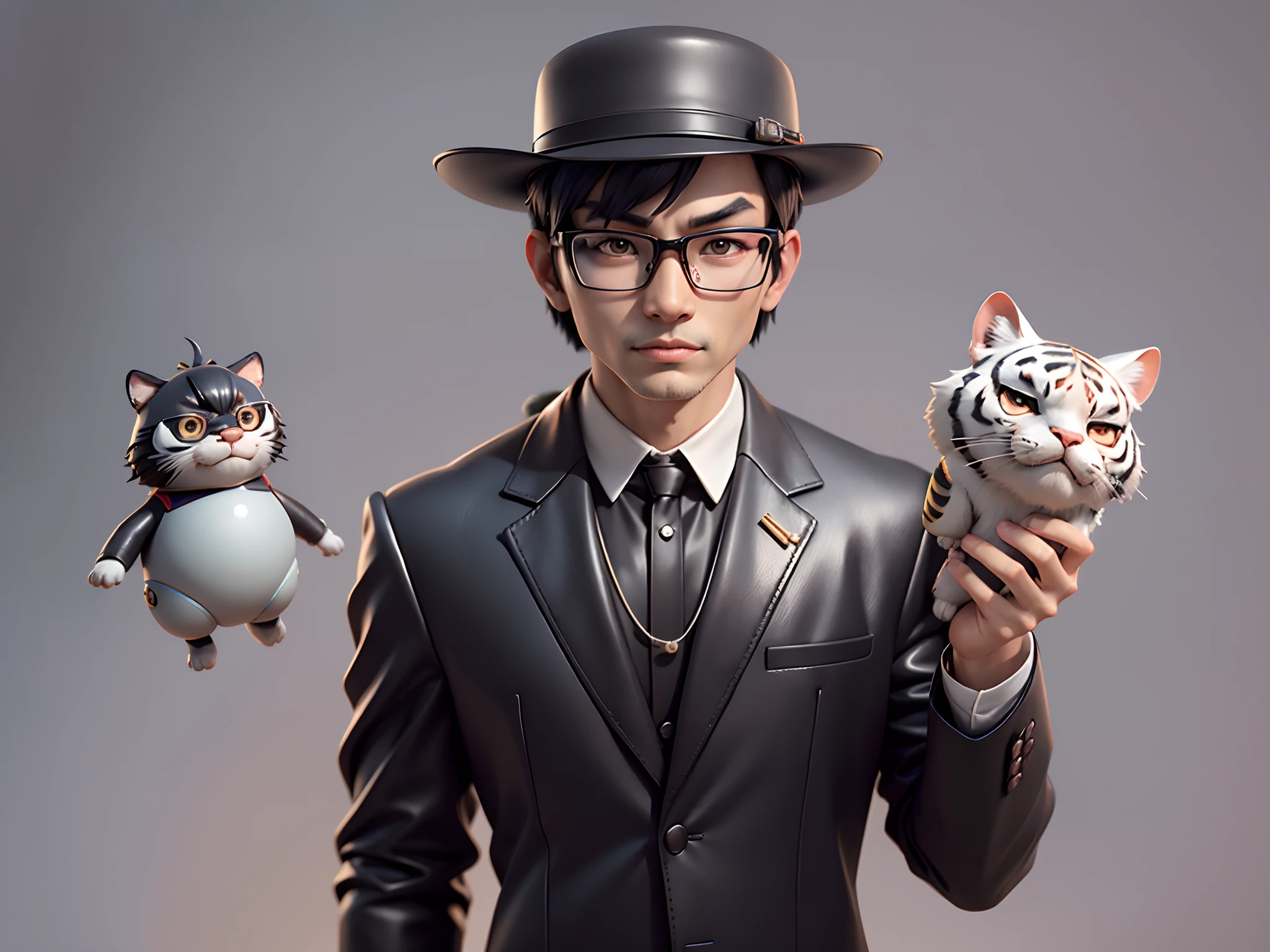 Young man with oriental face in leather hat, tiger, oriental face in formal suit, short black hair, silver glasses, digital painting, 3D character design by Mark Clairedon and Pixar and Hayao Miyazaki and Akira Toriyama, the illustration is a high-definition illustration in 4K resolution with very detailed facial features and cartoon-style visuals.