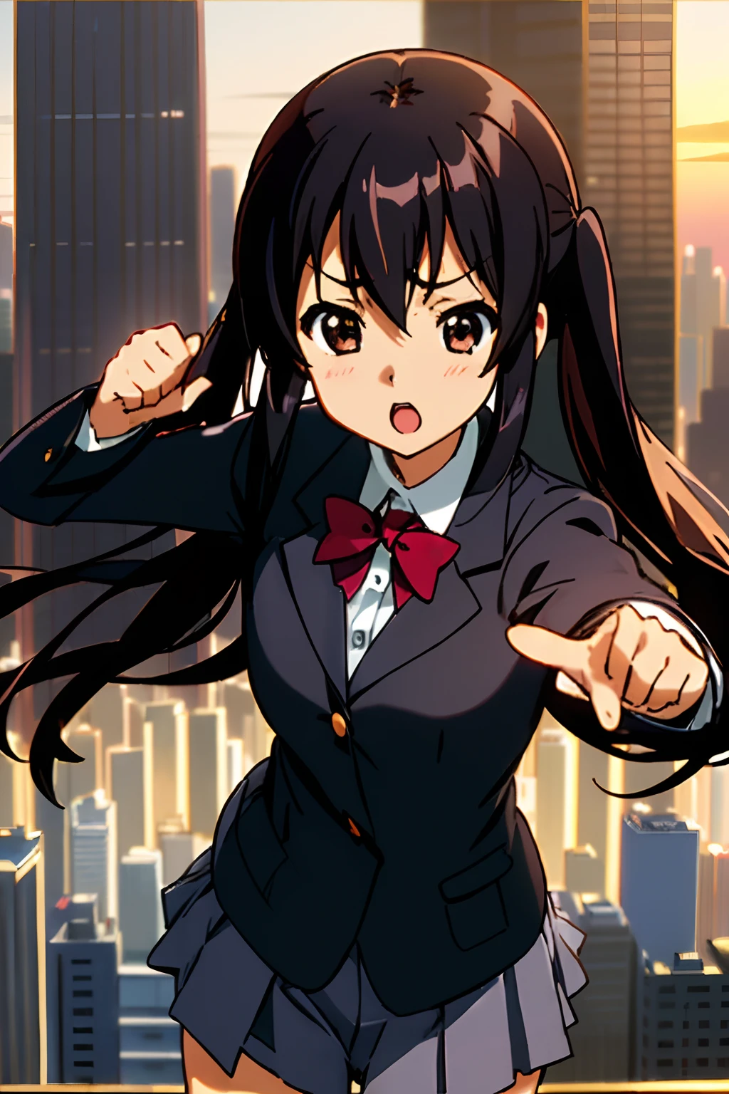 1girl, (((masterpiece))), highest quality, best quality, high detail, nakano azusa, 1girl, sakuragaoka high school uniform, school uniform, twintails, long hair, black hair, brown eyes, solo, red , a navy blue blazer with red narrow ribbon, a solid white buttoned shirt under the blazer, illustration, cartoon, soothing tones, calm colors, soft cinematic light, adobe lightroom, photolab, hdr, intricate, highly detailed, ((((depth of field)))). (((takeout))).dynamic focus.big breasts.(((Skyscrapers))).(((A city scape))).(((Face of sadness))). open mouth.(((fighting stance))).(((up chest))).((evening glow)).((the setting sun)).