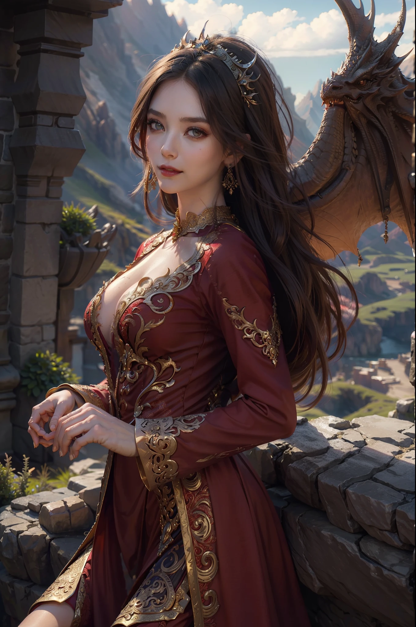 ((top-quality、masterpiece、photographrealistic:1.4、in 8K))、Beautiful detailed woman and big dragon、extremely detailed eye and face、beatiful detailed eyes、(Makai princess in fantasy style red dress)、Luxury accessories、Elegant smile、(Princess petting a dragon on a rocky mountain)、Beautiful lighting、Textured skin、Super Detail、high detailing、High quality、hight resolution、(looking at the viewers)、mont