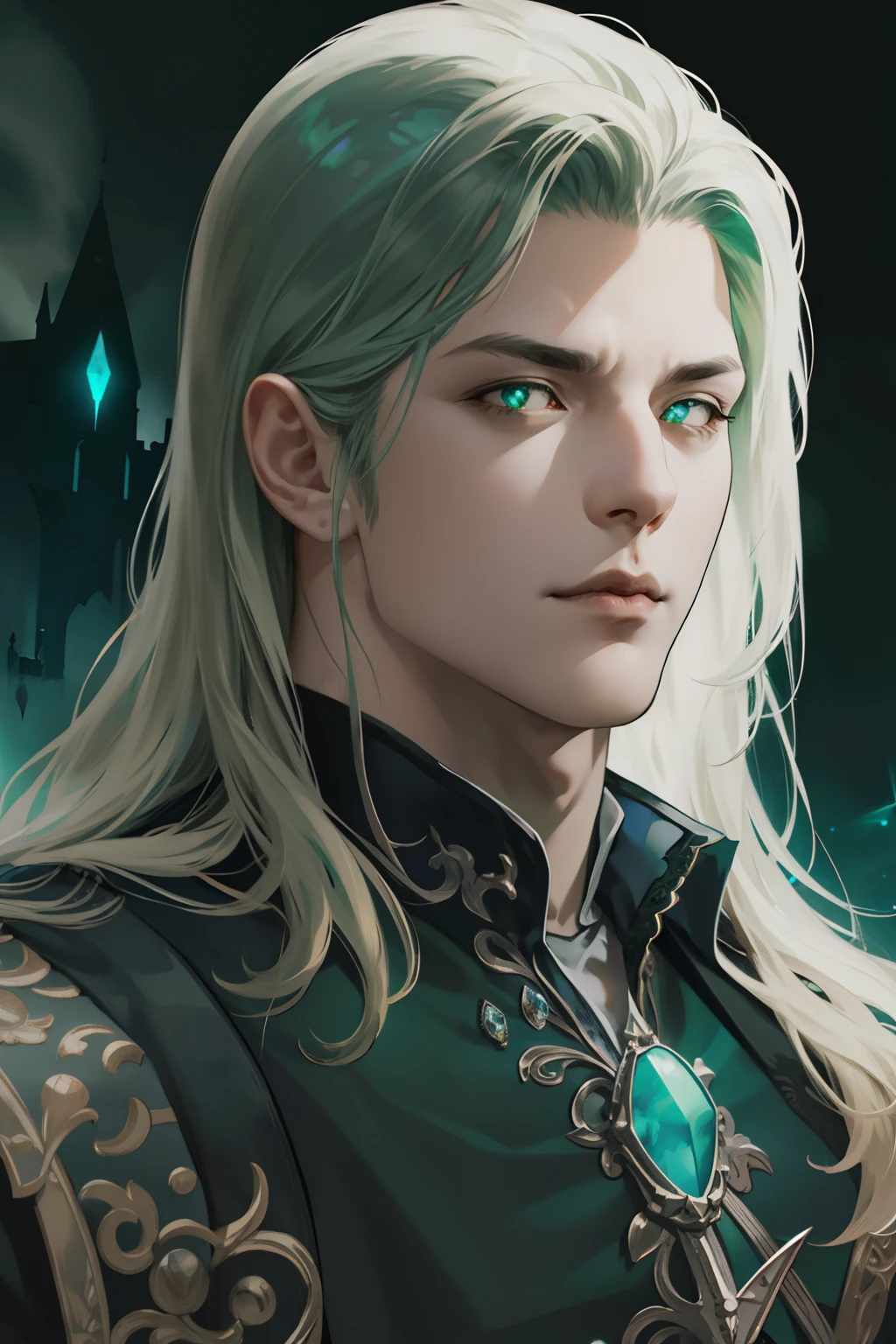 Castlevania Lord of the Shadows hyper realistic super detailed face portrait zoom hyper realistic super detailed glowing crystal eyes green bright