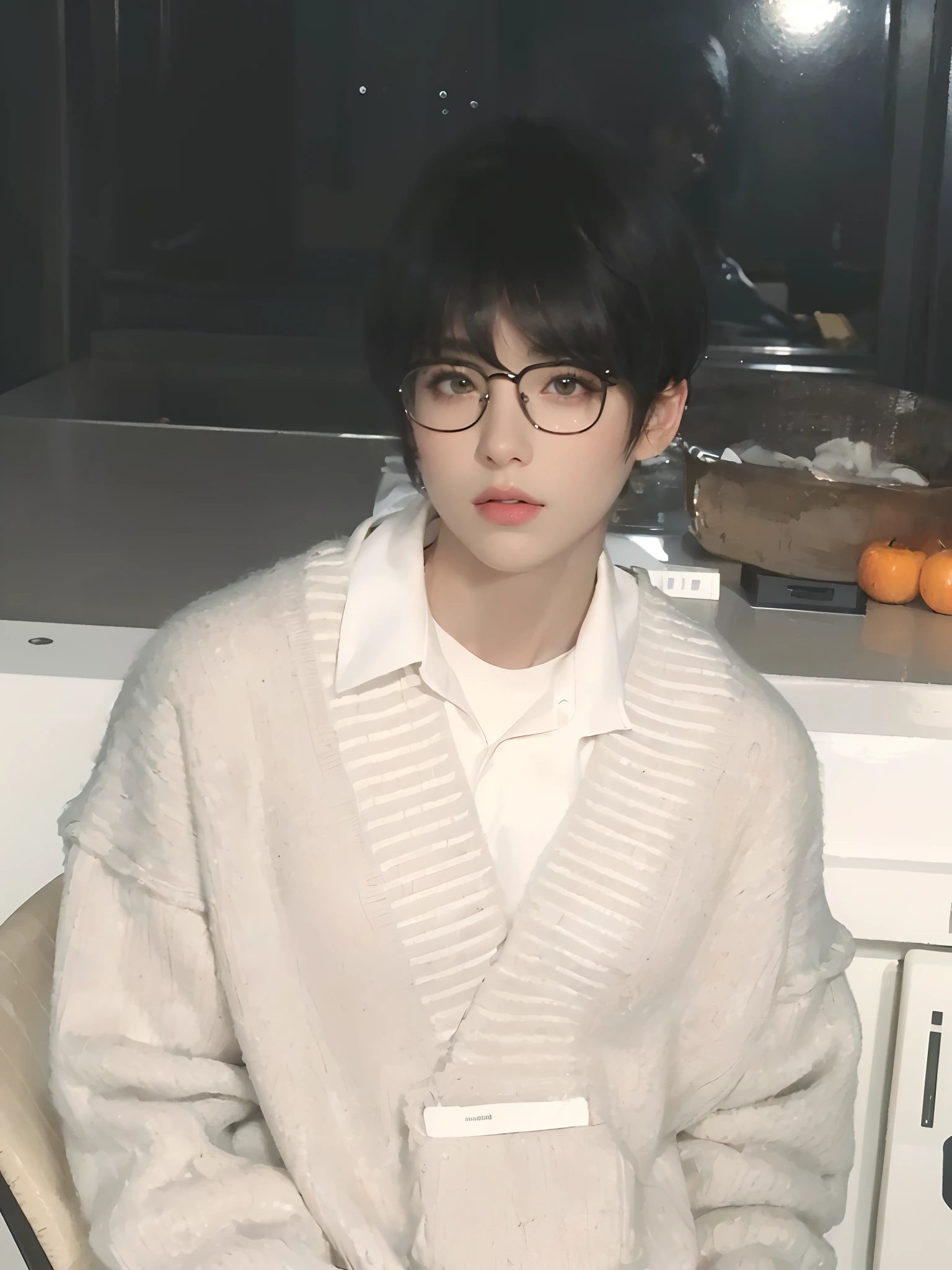 (masterpiece:1.3), (8k, photorealistic, RAW photo, best quality: 1.4), (1girl), beautiful face, (realistic face), (black hair, short hair:1.3), beautiful hairstyle, realistic eyes, beautiful detailed eyes, (realistic skin), beautiful skin, (sweater), absurdres, attractive, ultra high res, ultra realistic, highly detailed, golden ratio