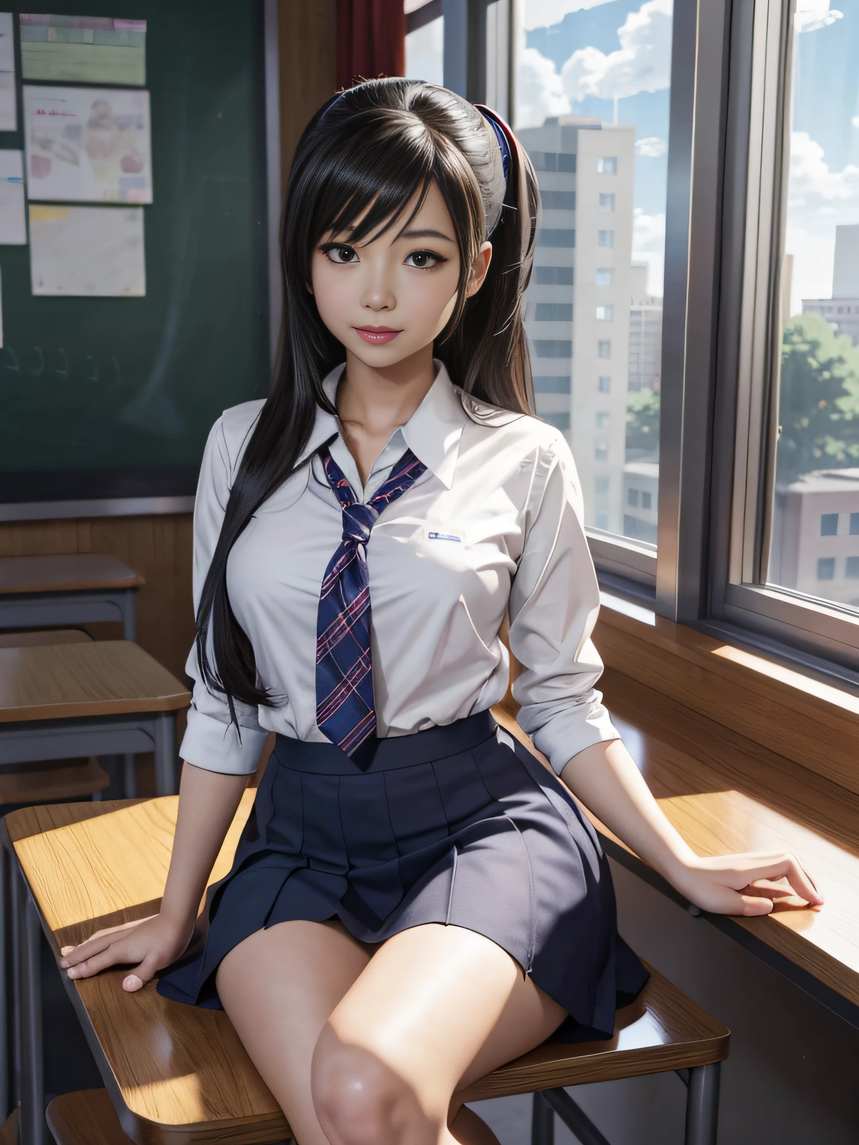 arafed asian woman in a school uniform sitting on a desk, a hyperrealistic schoolgirl, a hyperrealistic schoolgirl, Realistic Schoolgirl, Cute Schoolgirl, Seductive Anime Girl, School Girl, imagem hiperrealista, beautiful anime high school girl, photorealistic anime, Hyper realistic anime, Realistic Young Gravure Idol, photorealistic anime girl render, 3 d anime realistic