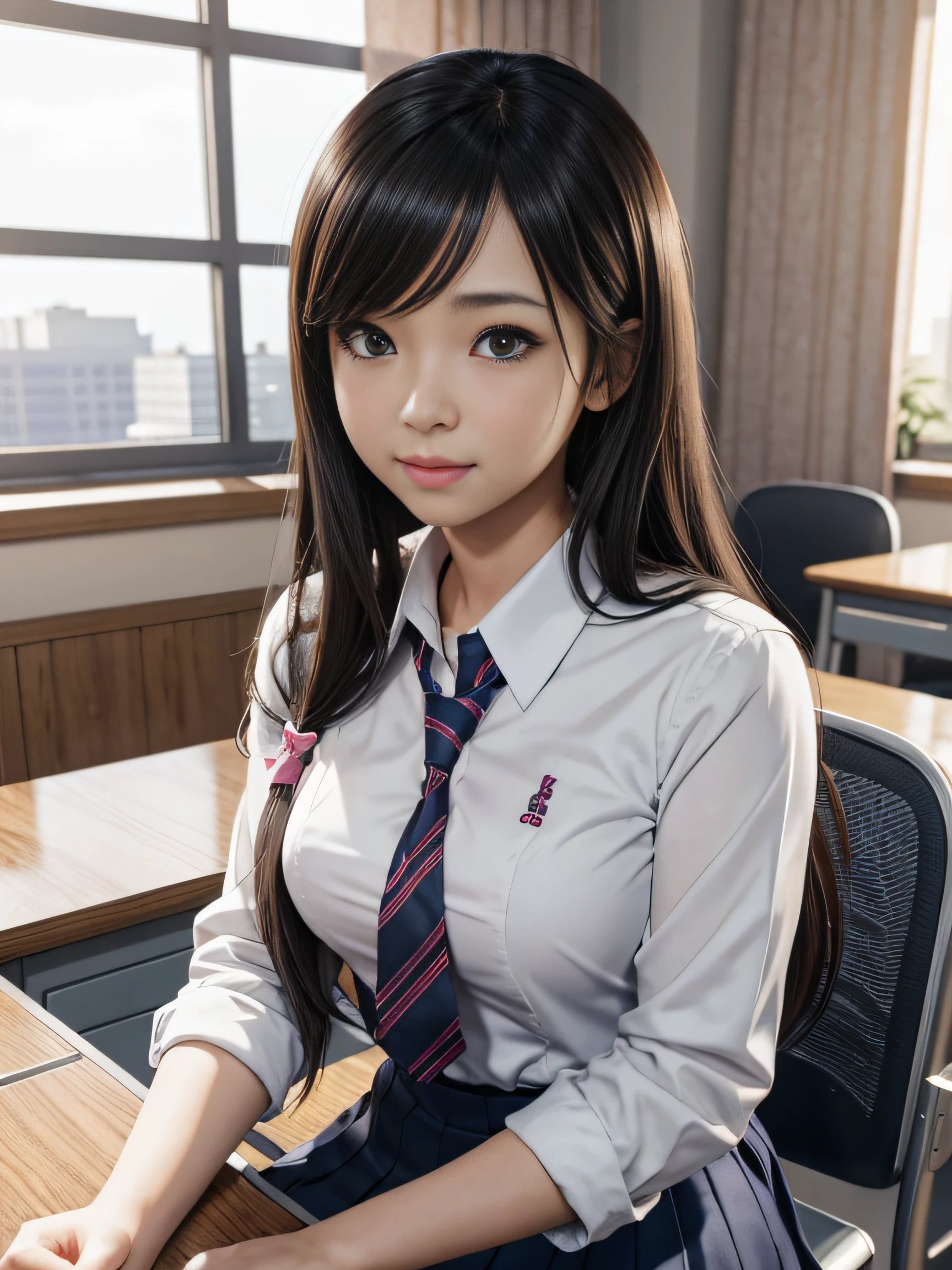 arafed asian woman in a school uniform sitting on a desk, a hyperrealistic schoolgirl, a hyperrealistic schoolgirl, Realistic Schoolgirl, Cute Schoolgirl, Seductive Anime Girl, School Girl, imagem hiperrealista, beautiful anime high school girl, photorealistic anime, Hyper realistic anime, Realistic Young Gravure Idol, photorealistic anime girl render, 3 d anime realistic