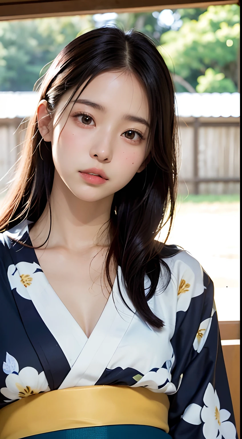 (masutepiece, Best Quality:1.4), Beautiful face, 8K, 85 mm, absurderes, (floral pattern yukata:1.4), close up of face, violaceaess, gardeniass, Delicate girl, Solo, Night, Looking at Viewer, Upper body, Film grain, chromatic abberation, Sharp Focus, face lights, Professional Lighting, Sophisticated, (Smile:0.4), (Simple background, Bokeh background:1.2), Detail Face,Background of the fireworks display
