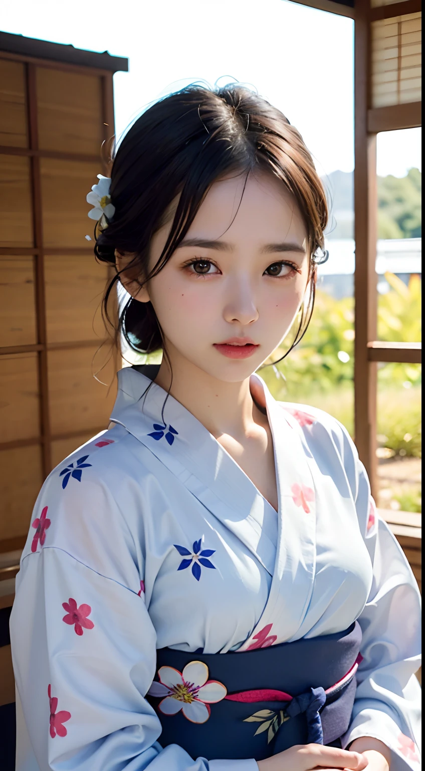 (masutepiece, Best Quality:1.4), Beautiful face, 8K, 85 mm, absurderes, (floral pattern yukata:1.4), close up of face, violaceaess, gardeniass, Delicate girl, Solo, Night, Looking at Viewer, Upper body, Film grain, chromatic abberation, Sharp Focus, face lights, Professional Lighting, Sophisticated, (Smile:0.4), (Simple background, Bokeh background:1.2), Detail Face,Background of the fireworks display