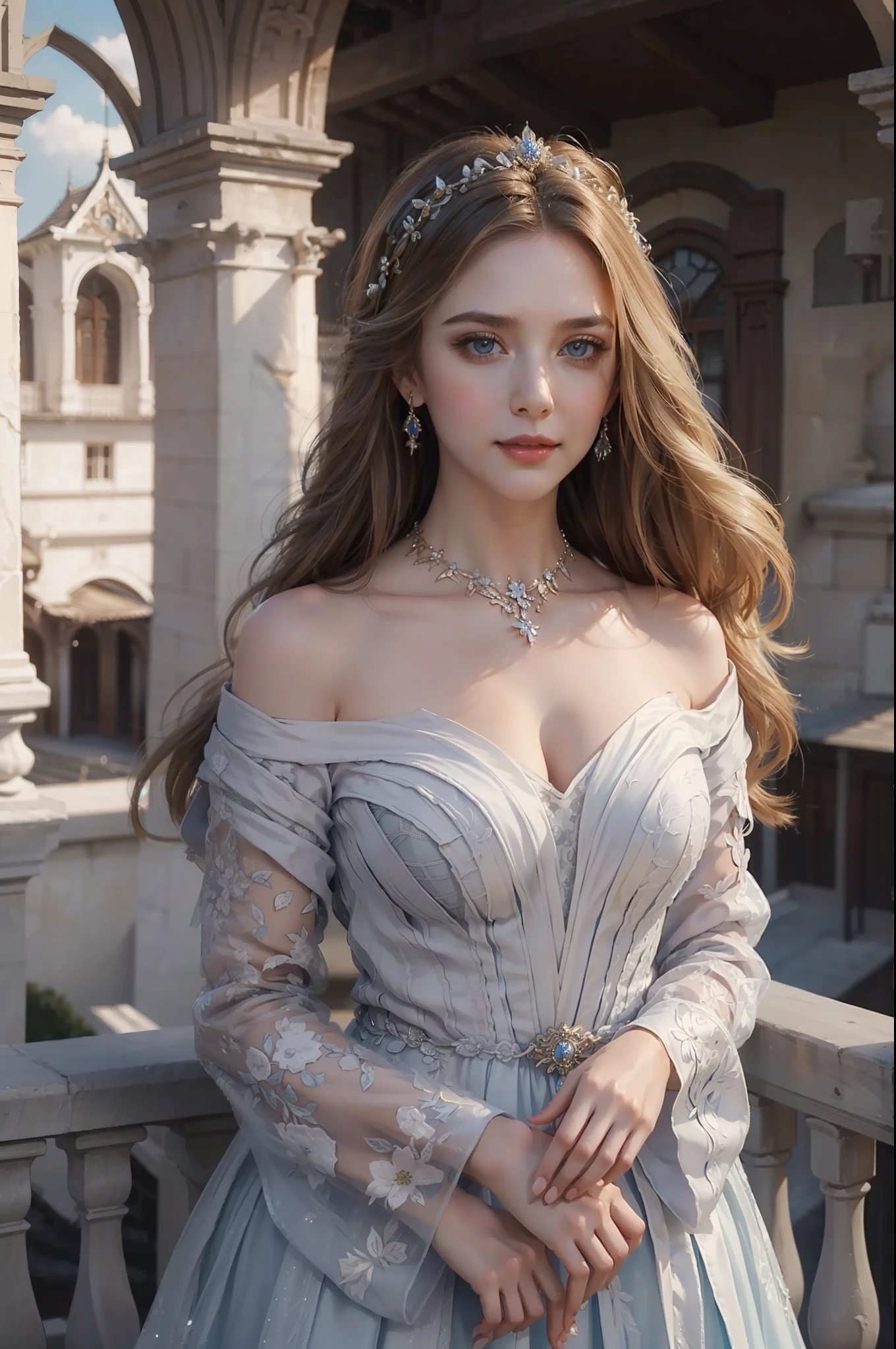 ((top-quality、​masterpiece、photographrealistic:1.4、8K))、1 beautiful detailed girl、extremely detailed eye and face、beatiful detailed eyes、（Complex and elegant dress in the style of medieval Europe、Princess）、Luxury Accessories、Elegant smile、natta（Draw a scene of a princess standing on the balcony of a castle under the moon。Hair swaying in the wind and dresses complement her noble vibe。）、Cinematic lighting、Textured skin、Super Detail、high detailing、High quality、hight resolution、（looking at the viewers）