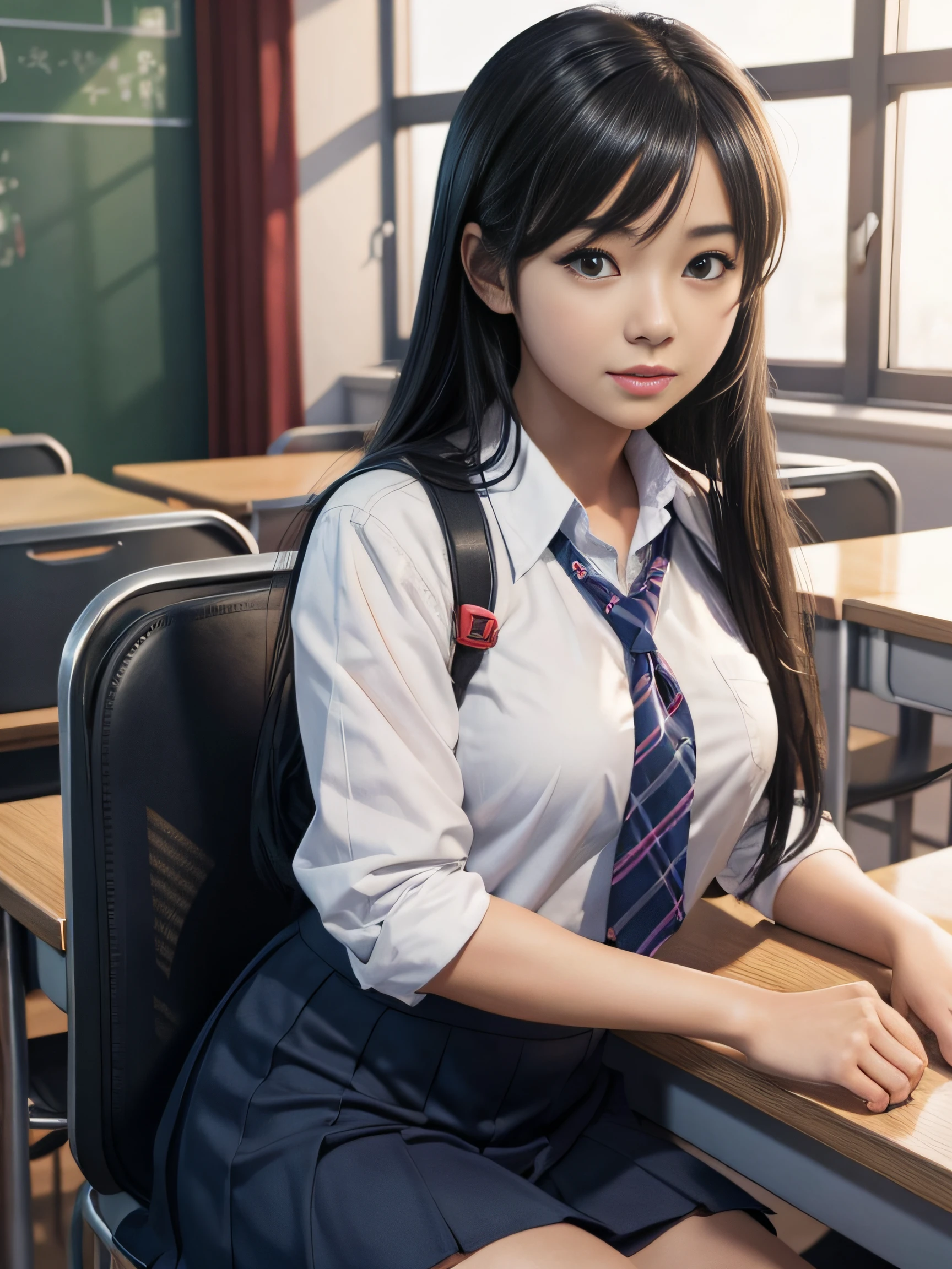 arafed asian woman in a school uniform sitting on a desk, a hyperrealistic schoolgirl, a hyperrealistic schoolgirl, Realistic Schoolgirl, Cute Schoolgirl, Seductive Anime Girl, School Girl, imagem hiperrealista, beautiful anime high school girl, photorealistic anime, Hyper realistic anime, Realistic Young Gravure Idol, photorealistic anime girl render, 3 d anime realistic