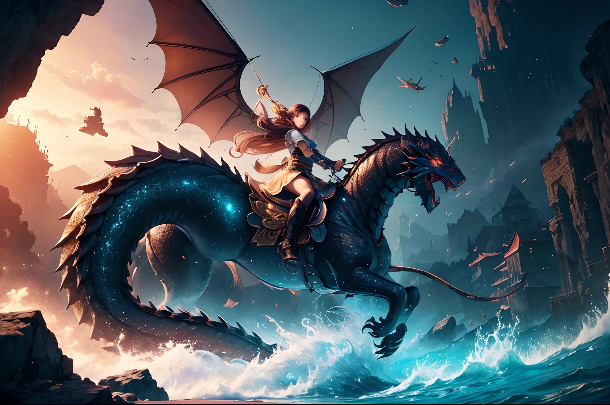 (Masterpiece, Top Quality, Best Quality, Ultimate Detail, Highest Detail, Official Art, Beauty & Aesthetics: 1.2), Golden Ratio, Full Composition, official art, Unity 8k wallpaper, super detailed, beautiful, (fractal art: 1.4), the school girl is riding on the black dragon, flying over the town, full body, crystallineAI, from below, splash