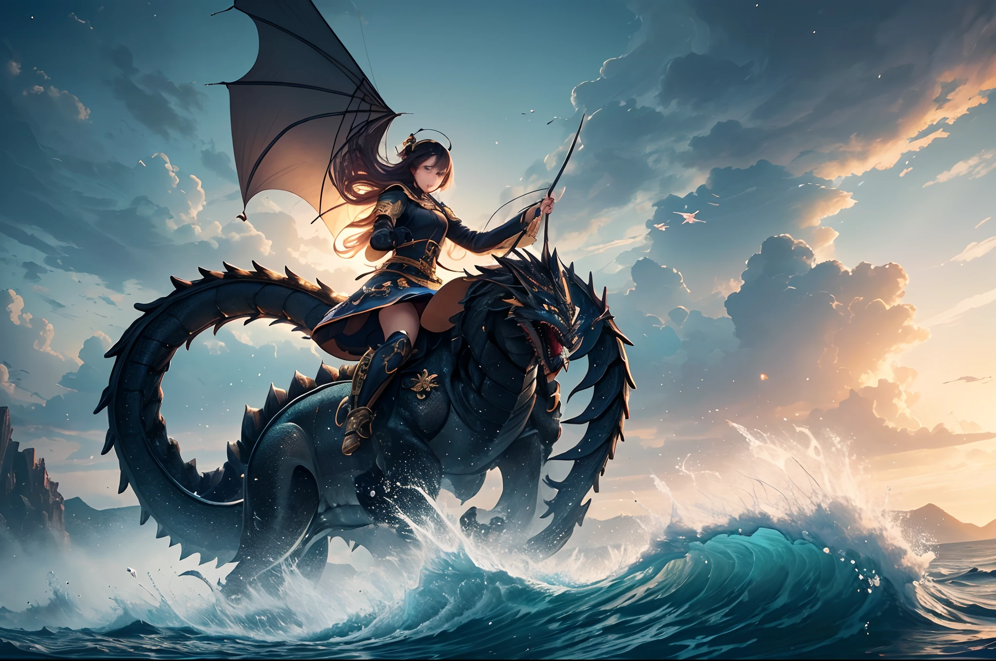 (Masterpiece, Top Quality, Best Quality, Ultimate Detail, Highest Detail, Official Art, Beauty & Aesthetics: 1.2), Golden Ratio, Full Composition, official art, Unity 8k wallpaper, super detailed, beautiful, (fractal art: 1.4), the school girl is riding on the black dragon, flying over the town, full body, crystallineAI, from below, splash