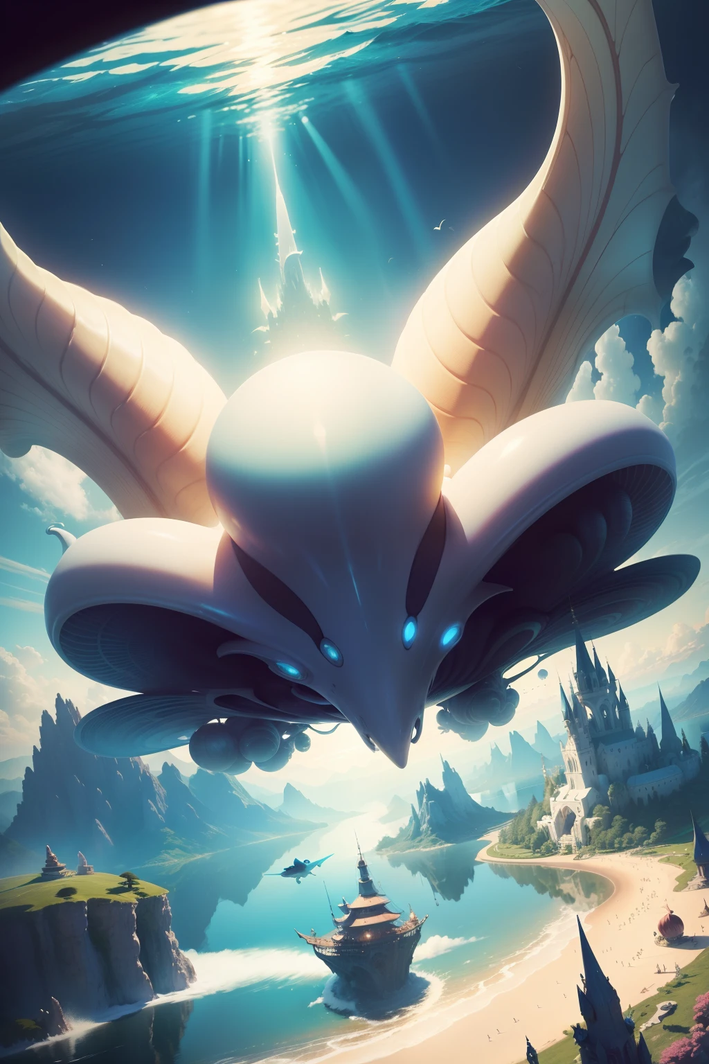 A very dynamic scene. phantasy. Cartoon illustration of a fantasy world with flying bizarre big snails, Flying over the surface of the lake, Everyone is cheerful and happy. a closeup of a. Cinematic, a lot of details. Fantasy background with blurred motion. Light haze.