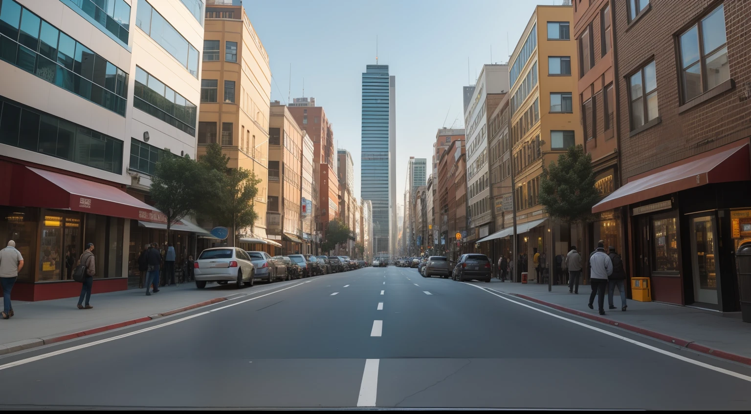 Beautiful realistic photos, downtown, crowds, traffic lights, lots of cars, buildings, looking up buildings