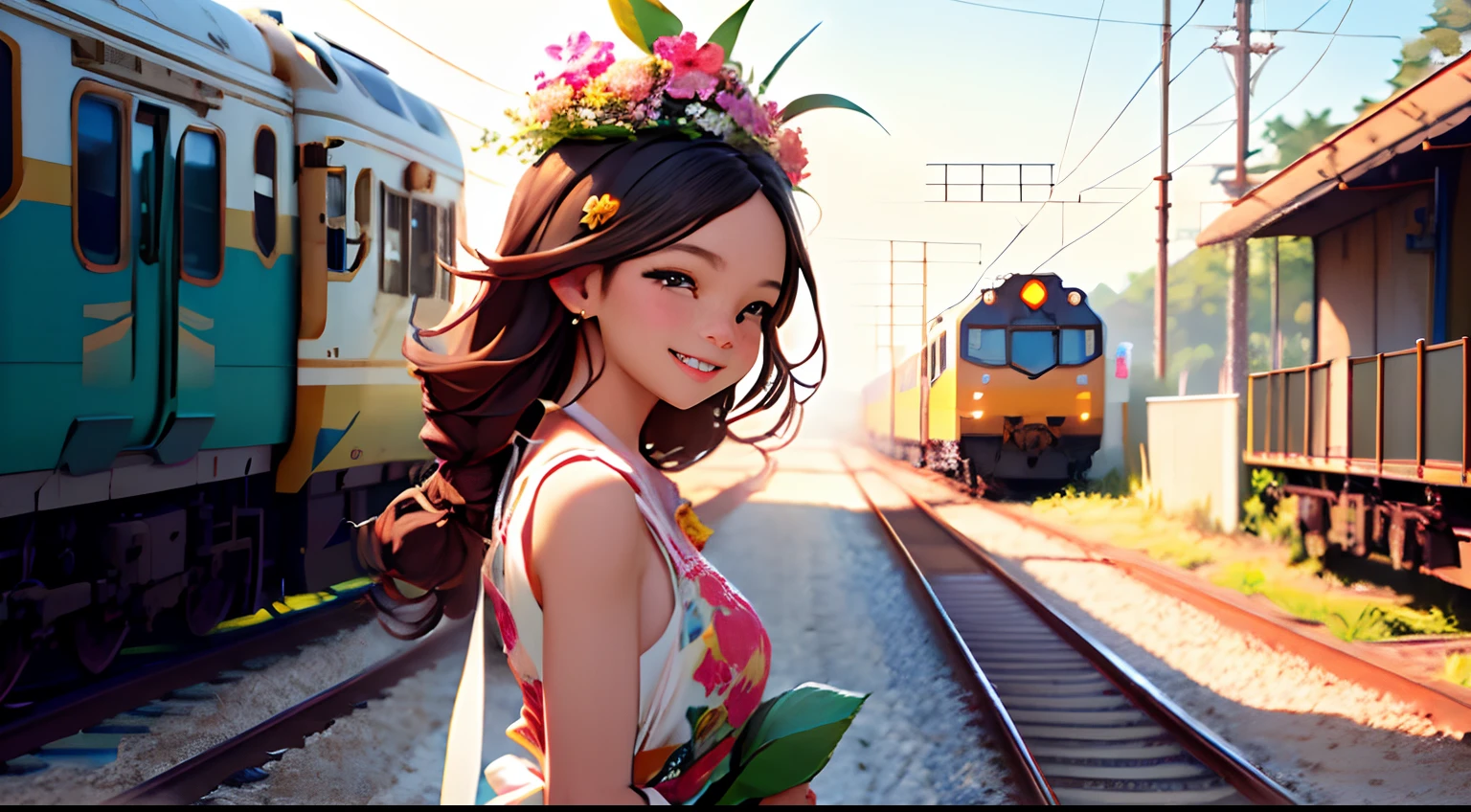 Octane Render、(Hyper-detailing: 1.15)、(Soft light、sharp: 1.2)、up of face、morning、Girl walking on a road parallel to the railroad tracks、Vigorous、You can see the sea in the background, I see the train、（ hair adornments、Floral hair ornament）, Anatomically correct、A smile, radiant light、up of face